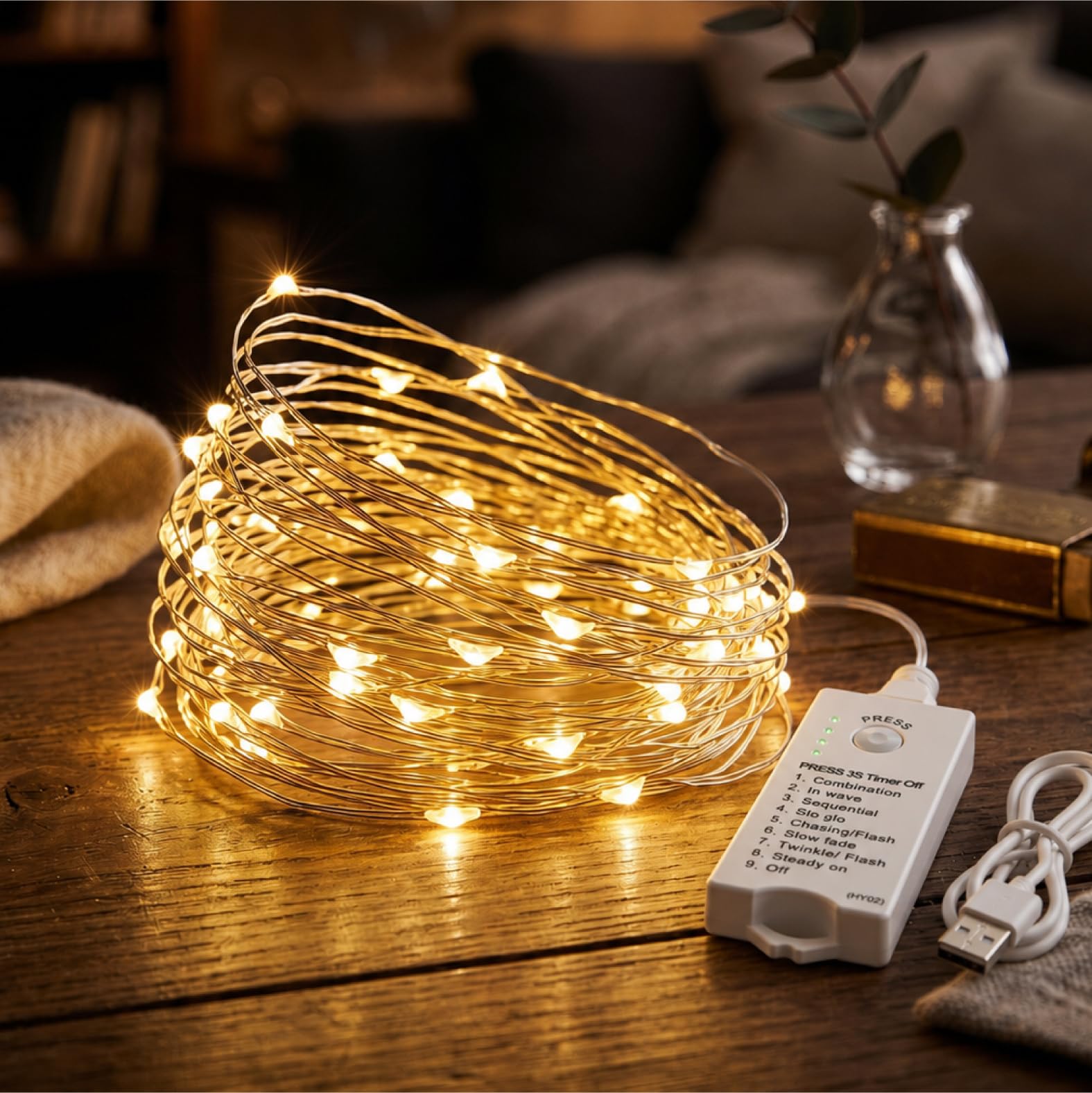 HXWEIYE Guirlande Lumineuse Intérieur Rechargeable, 5m, 50LEDs | 8 Modes, Minuteur, Guirlande led à pile, Étanche, Déco extérieur, Noël, chambre, Mariage, décoration d'arbre, Blanc Chaud