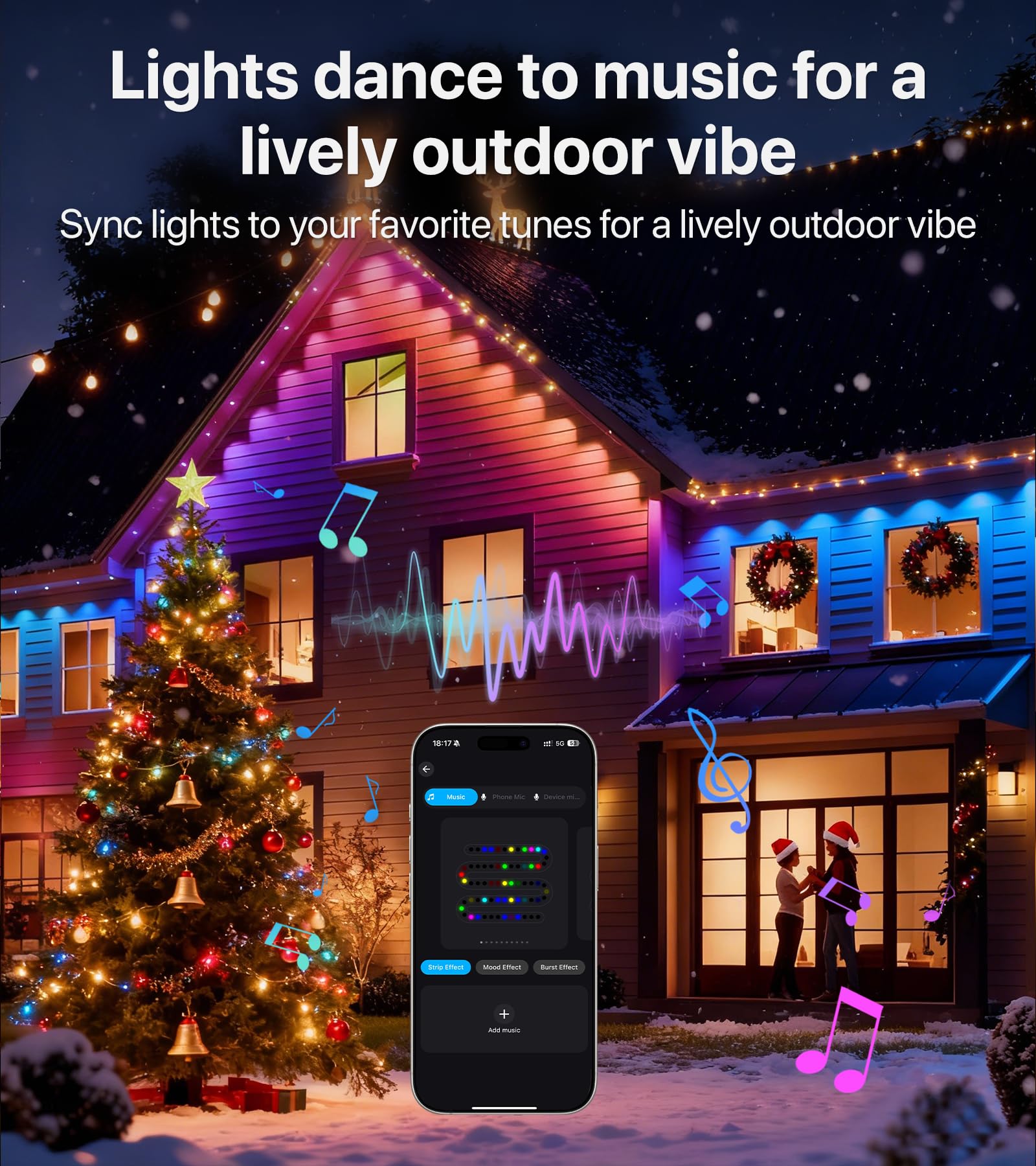 60 m lange RGB+IC-LED-Dauerleuchten für den Außenbereich, Trauflichter mit Smart-App und Fernbedienung, 72 Szenenmodi, wasserdicht IP65 für Weihnachtsdekorationen