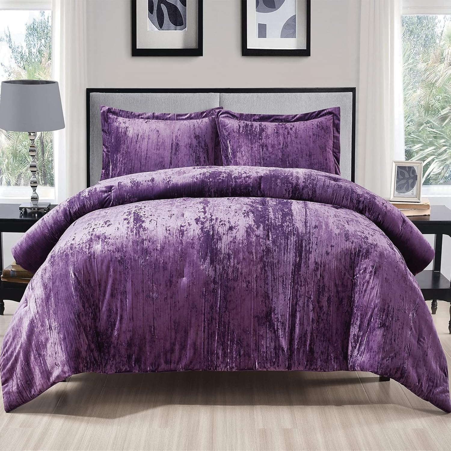 Fredsure Crinkle Velvet Comforter Set, 3 Pieces Purple King, Crinkle Velvet Face and Brushed Microfiber Reverse King Purple