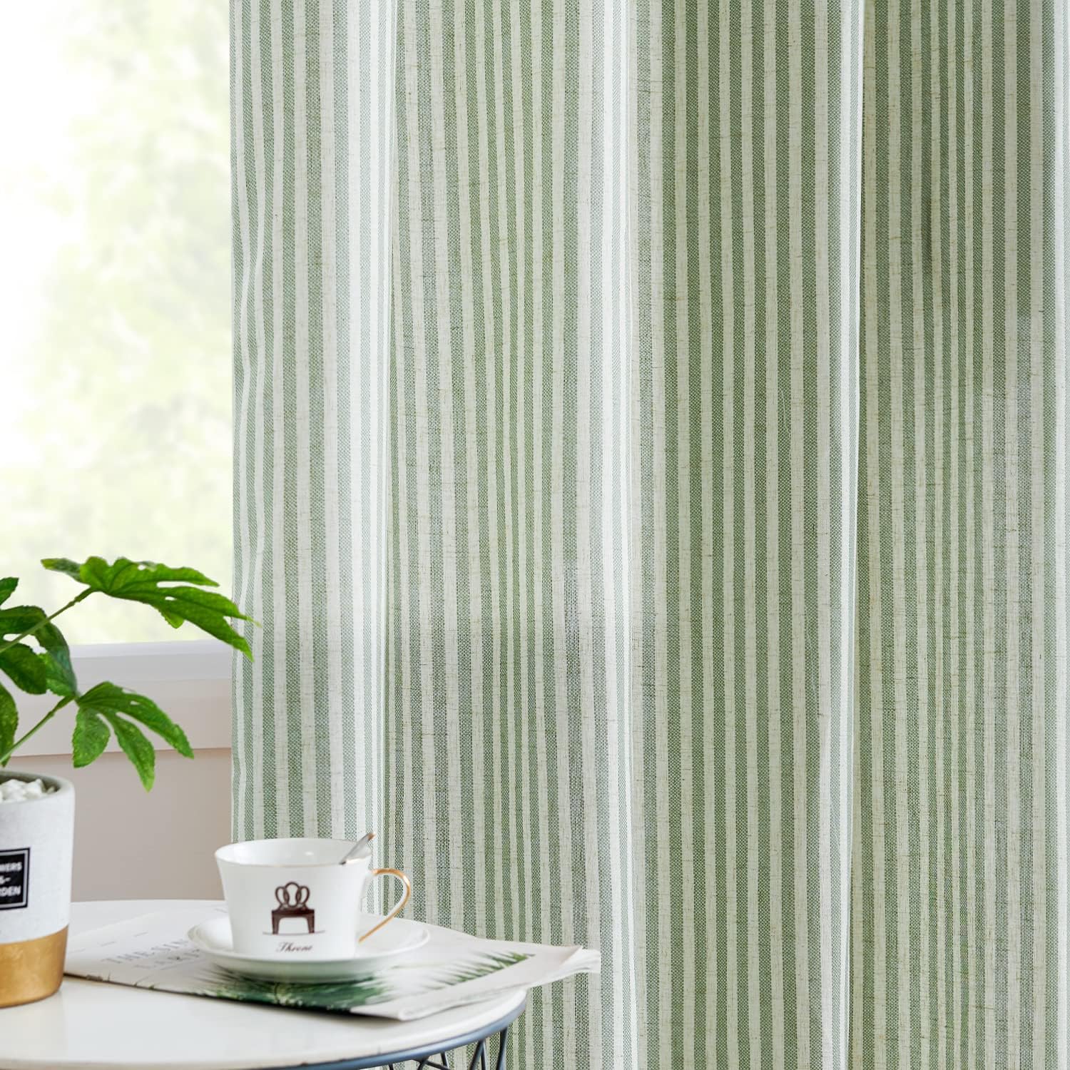 Vangao Linen Blend Stripe Curtains Tickingstripe Light Filtering Window Curtains Green Pinstripe Printed on Beige Drapes 84 Inches Long for Living Room Bedroom Dorm Grommet Top 2 Panels