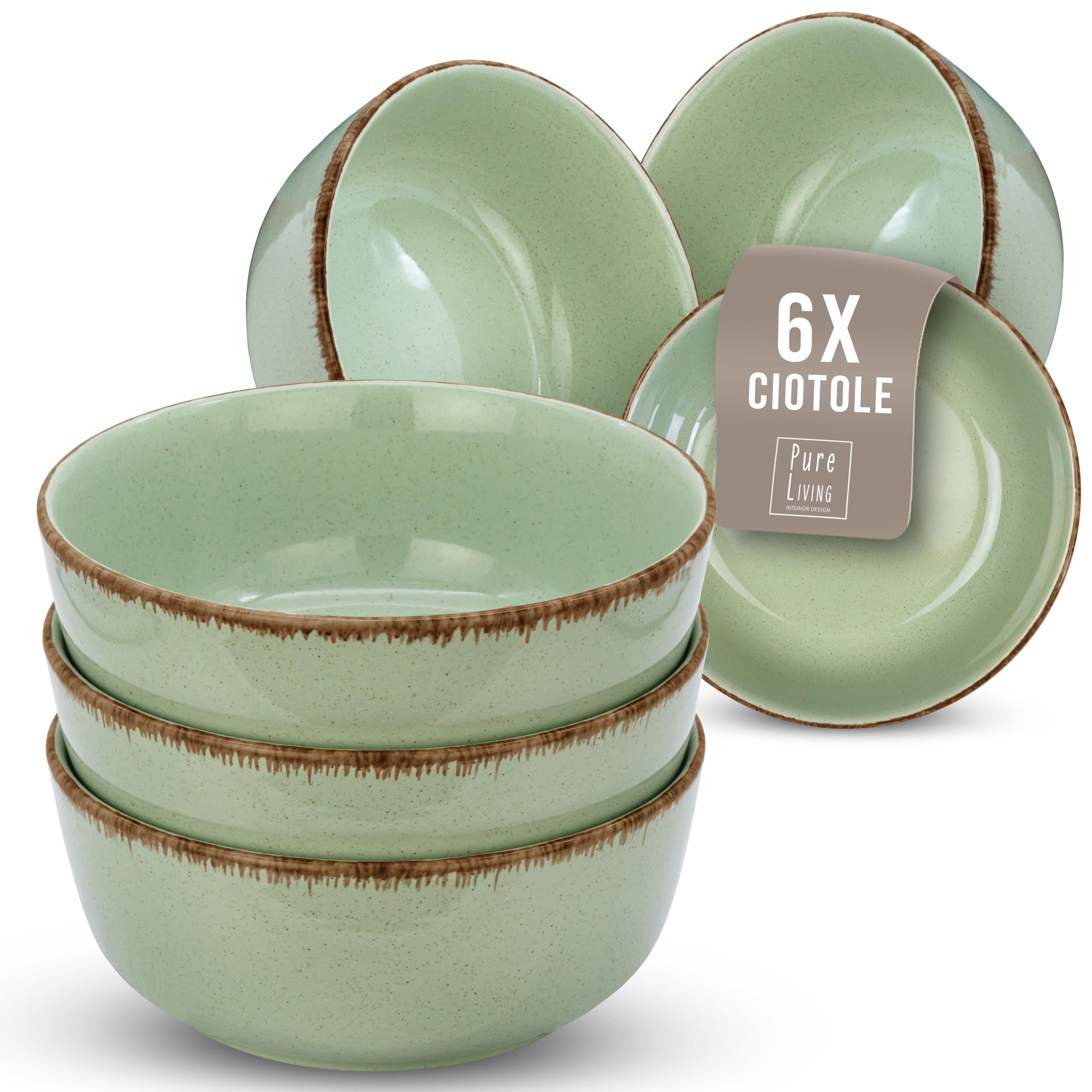 Set di 6 Ciotole per Müsli in Steingut Rustico - Moderno Set di Ciotole per Müsli, Lavabile in Lavastoviglie -Elegante Set Ideale per Müsli, Zuppe e Dessert - Pure Living verde menta