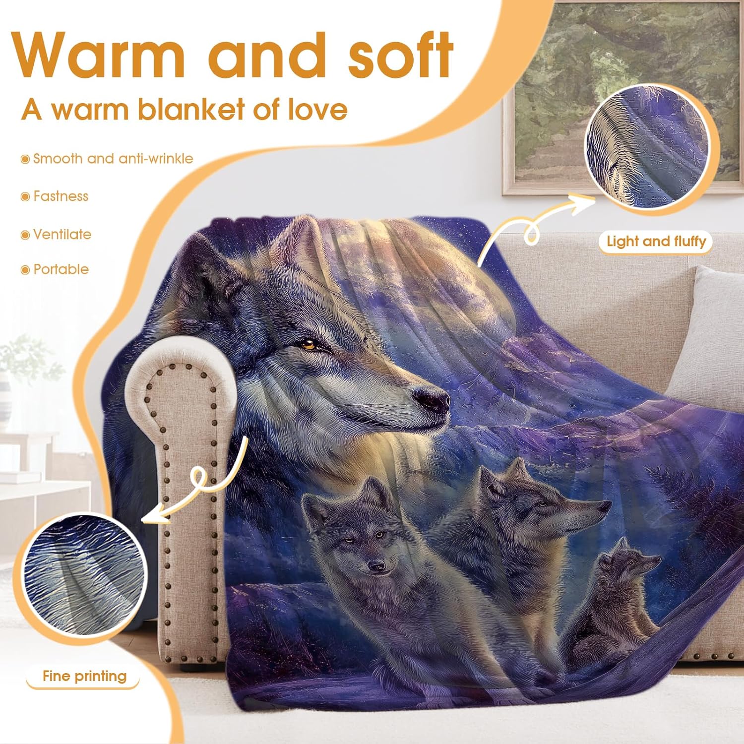 Wolf Starry Sky Moon Blanket for Adults Kids Mountains Trees Decor Gifts for Women Men Boys Girls Birthday Christmas Halloween Easter Dad Wife Mom Husband Boyfriend Throw Blanket 60"x80"