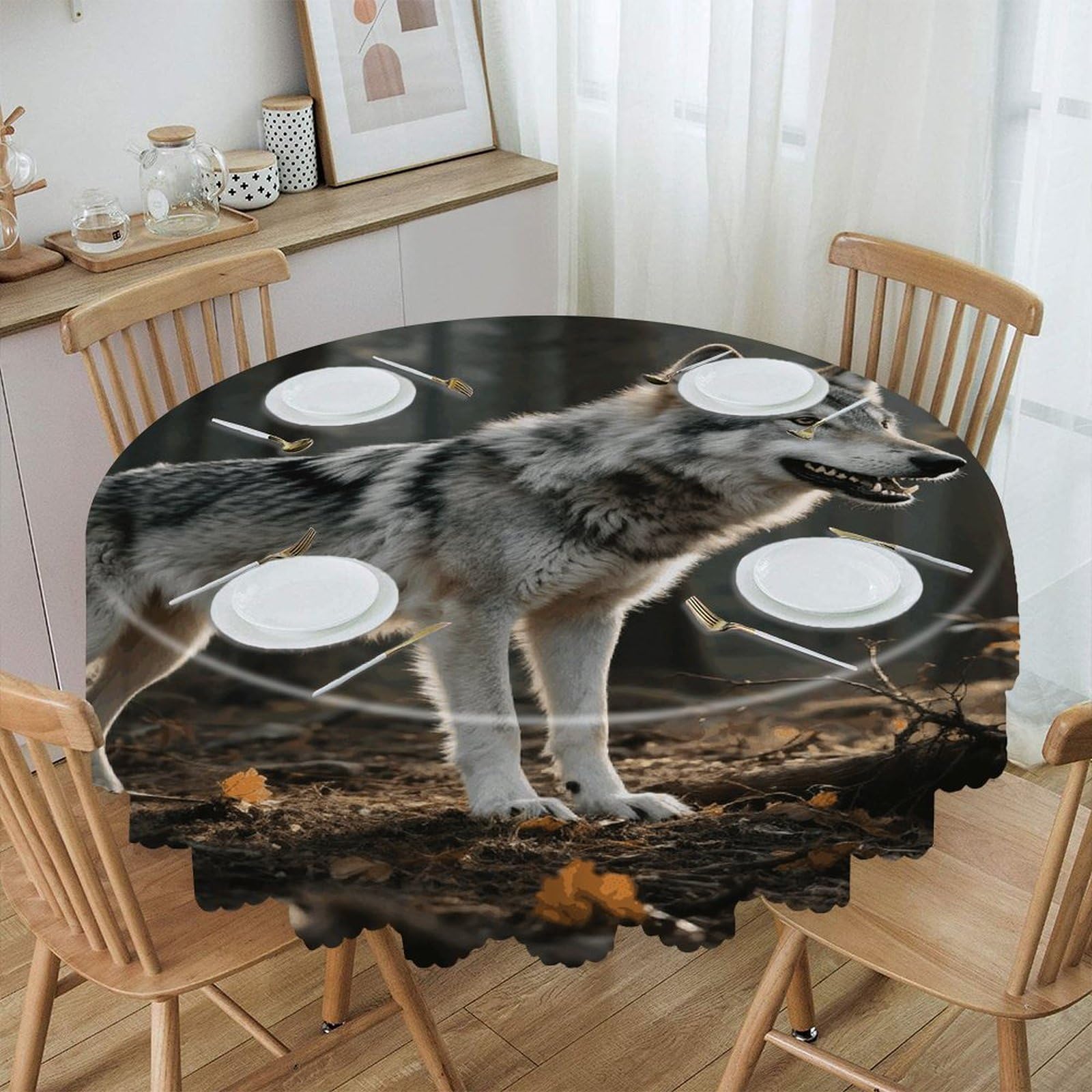 VstaDank Wolf Round Tablecloth Wipeable Round Polyester Tablecloth Waterproof Wrinkle Free Indoor and Outdoor Table Cover 60 Inch Decorative Farmhouse Table Cloth for Dining