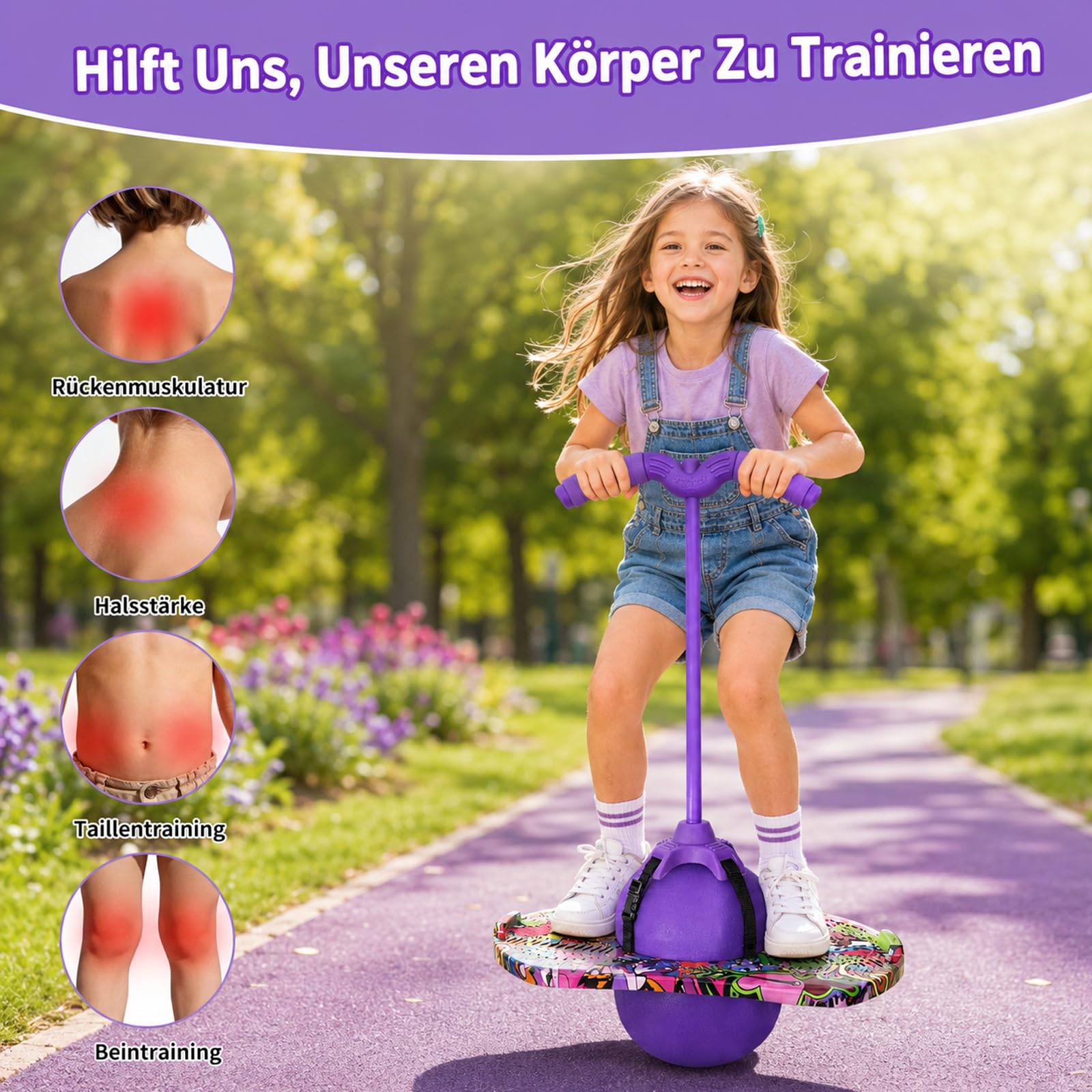 Balance hüpfball, Pogo Sprungball, Pogo Stick für Kinder, Pogo Ball mit Griffen, 90kg Tragkraft, zur Gleichgewichtstraining, Gewichtsreduktion und Fettverbrennung, Geeignet für Kinder (Lila)
