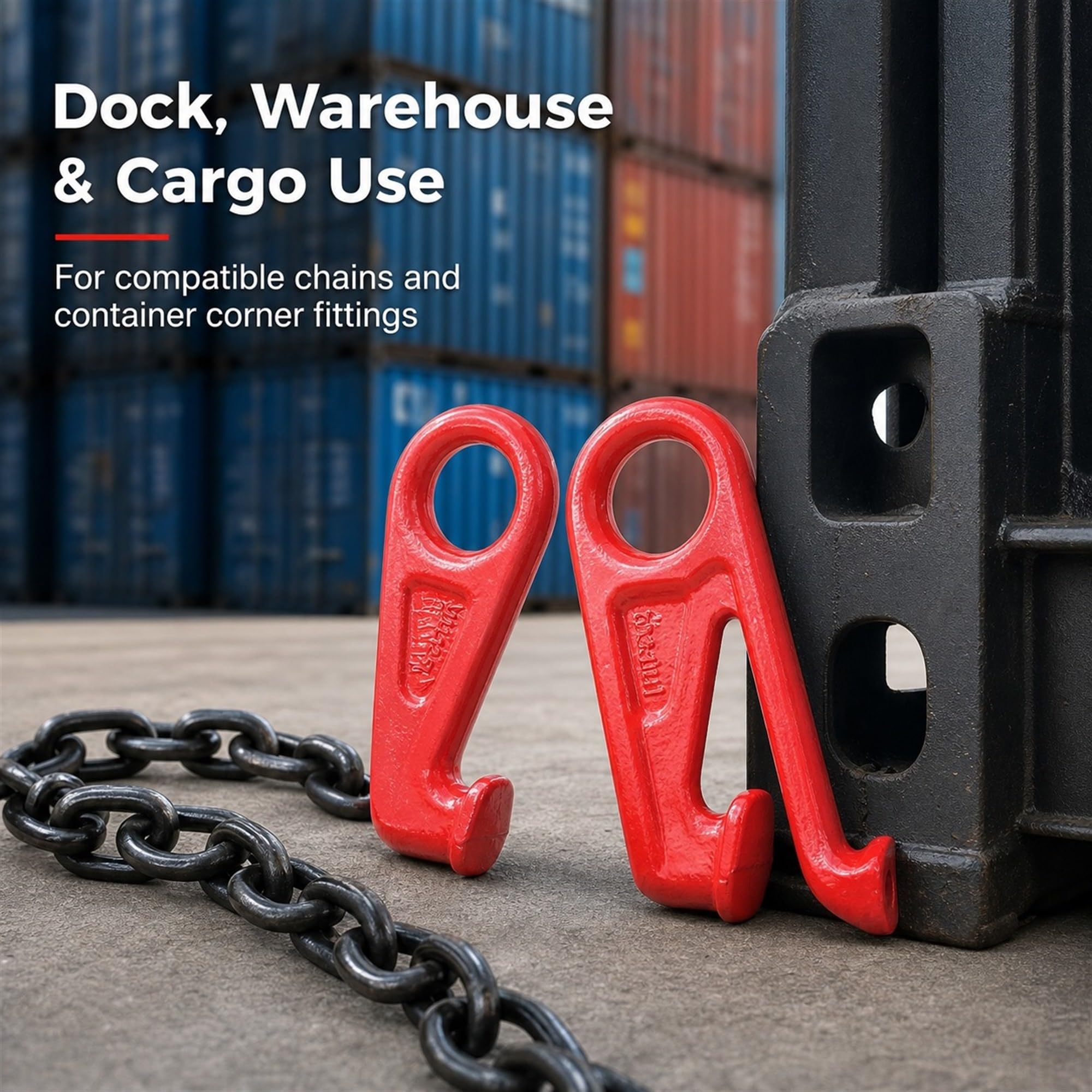 Set ganci di sollevamento for container, acciaio forgiato 12,5T | Acciaio legato, uso portuale e magazzino, compatibile con catena G80, set di ganci rossi da 2 pezzi