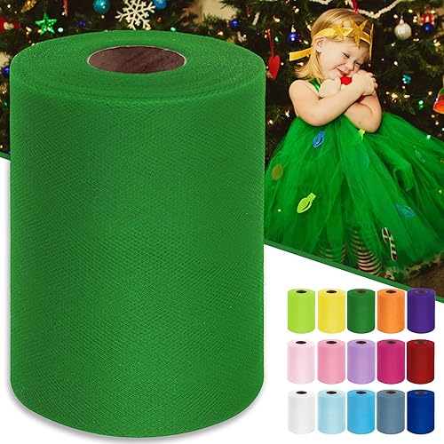 Green Tulle Fabric Roll 6 Inch by 100 Yards (300 feet) Sheer Tulle Ribbon for Christmas Gift Wrapping Halloween Party Decorations Tutu Skirt Wedding Baby Shower DIY Crafts