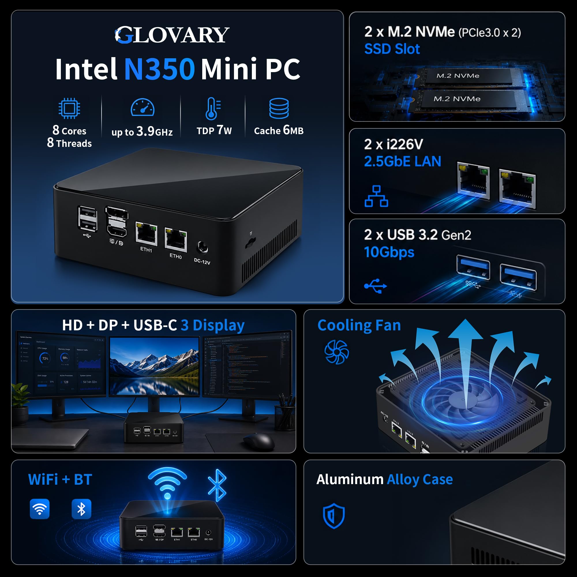 Mini PC Twin Lake N350 Processor (8 Cores 8 Threads, fino a 3,9 GHz), 1 x DDR5 Barebone No RAM No SSD, 2 x i226V 2,5GbE LAN Micro Desktop Computer for Home Office, 4K UHD Triple Display