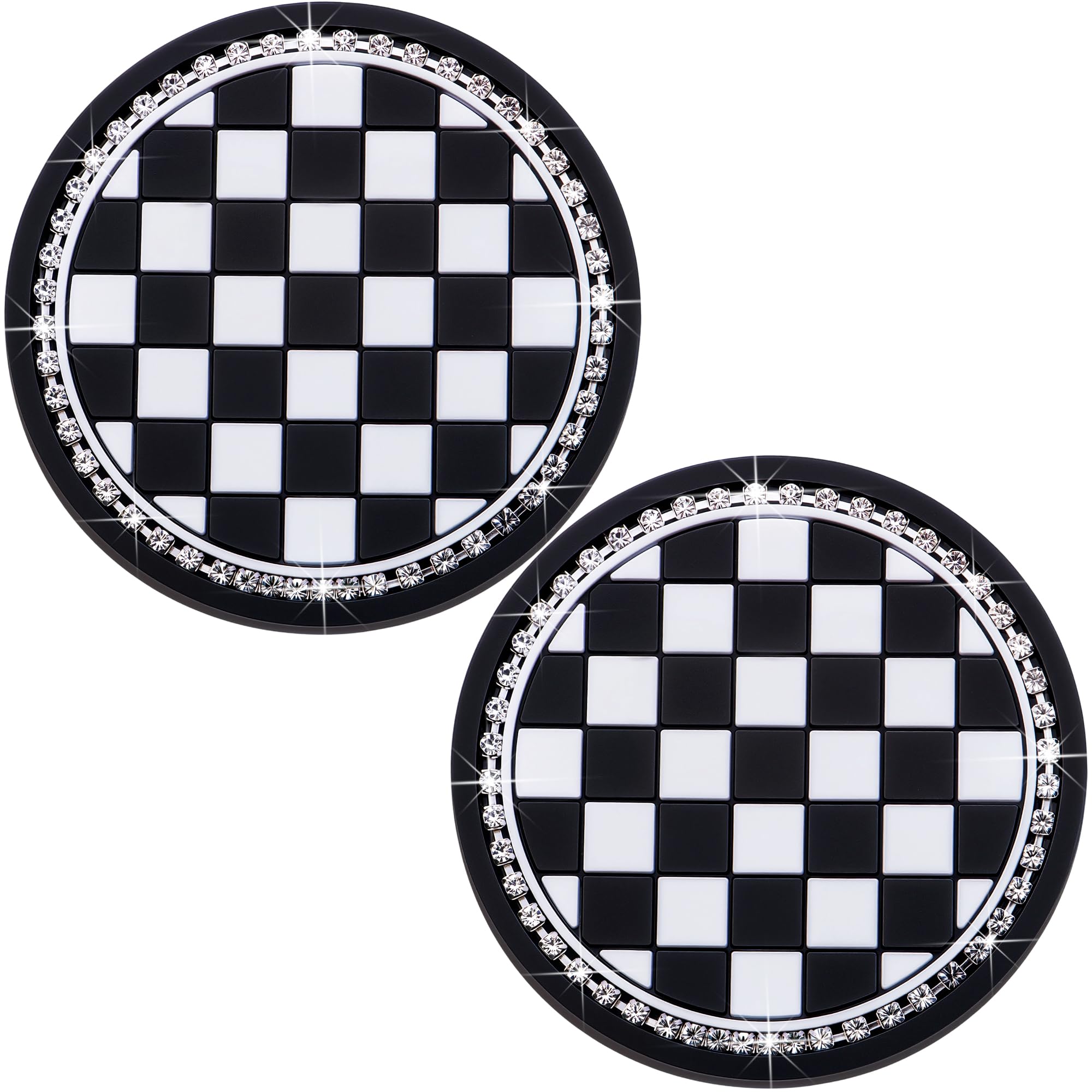 2PCS Car Cup Holder Coasters – Sparkly Bling Design, 2.75 Inch Silicone Insert, Anti-Slip &amp; Shockproof, Fits Most Vehicles (Checkerboard)