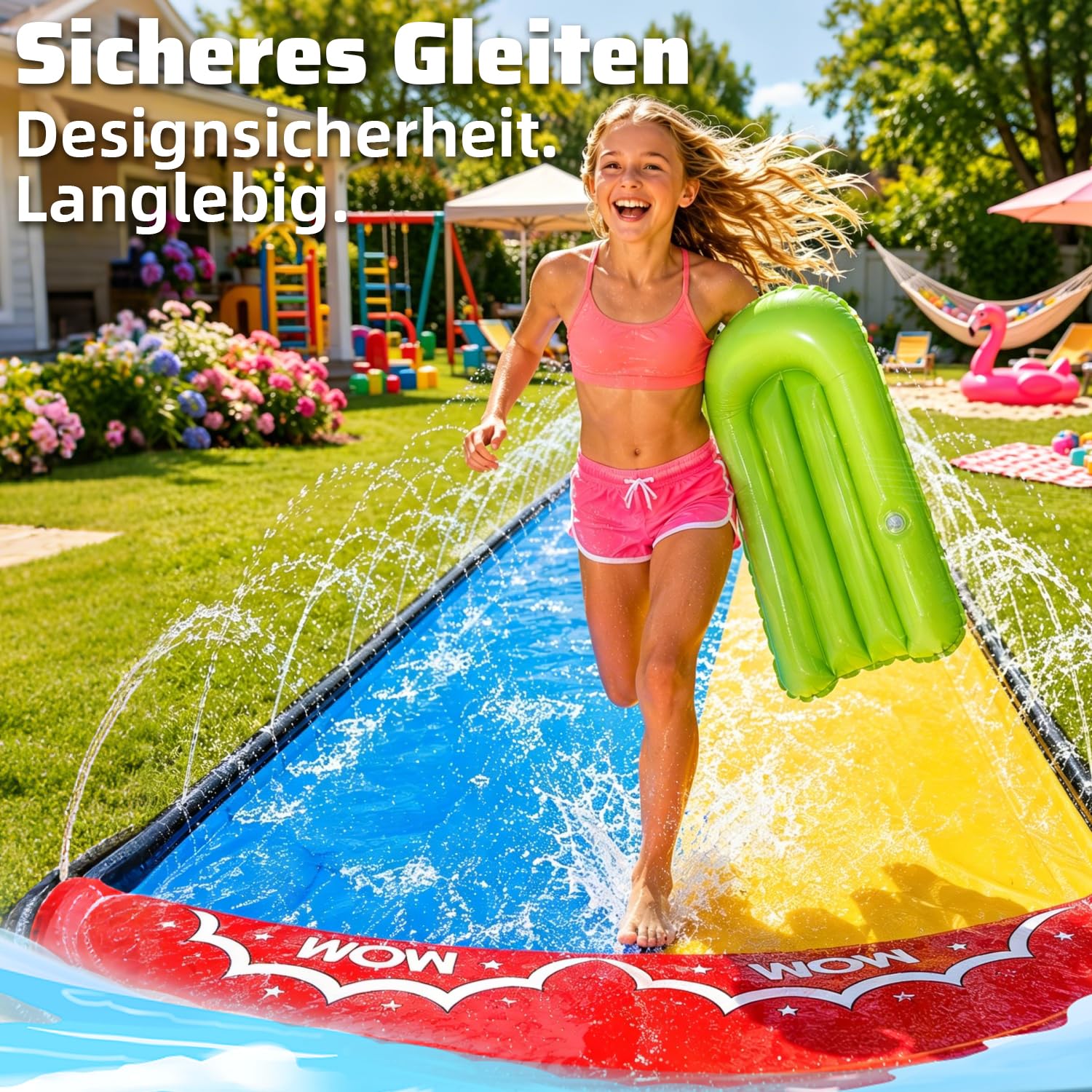 Wasserrutsche 15.75ft/480cm mit 2 Bodyboards eingebautem Sprinkler für Kinder Blau Gelb