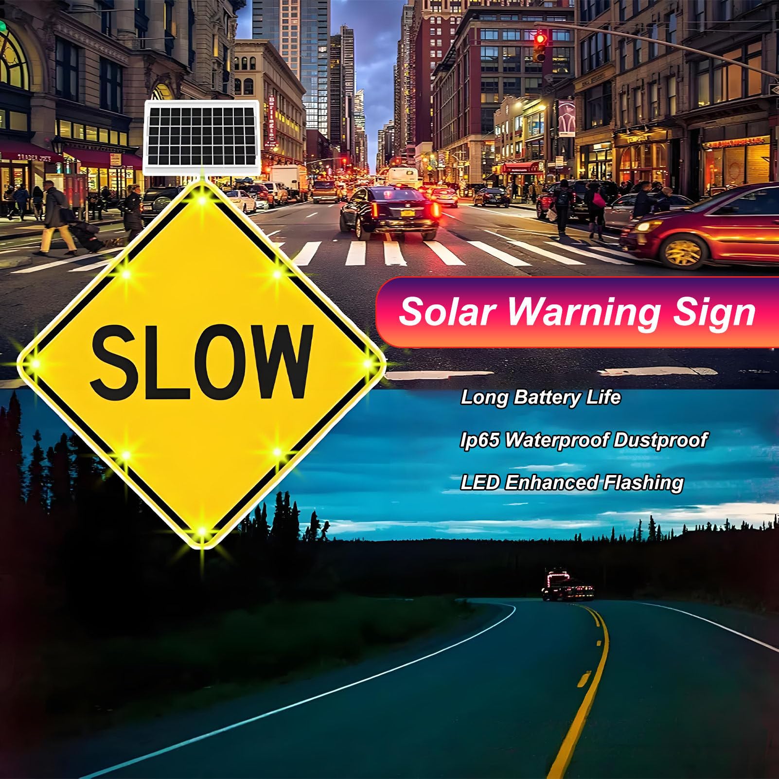 Señal de Advertencia de Velocidad Lenta de 24" con energía Solar, para Seguridad Vial en Exteriores, Ideal para entradas de vehículos, Calles residenciales y vecindarios.
