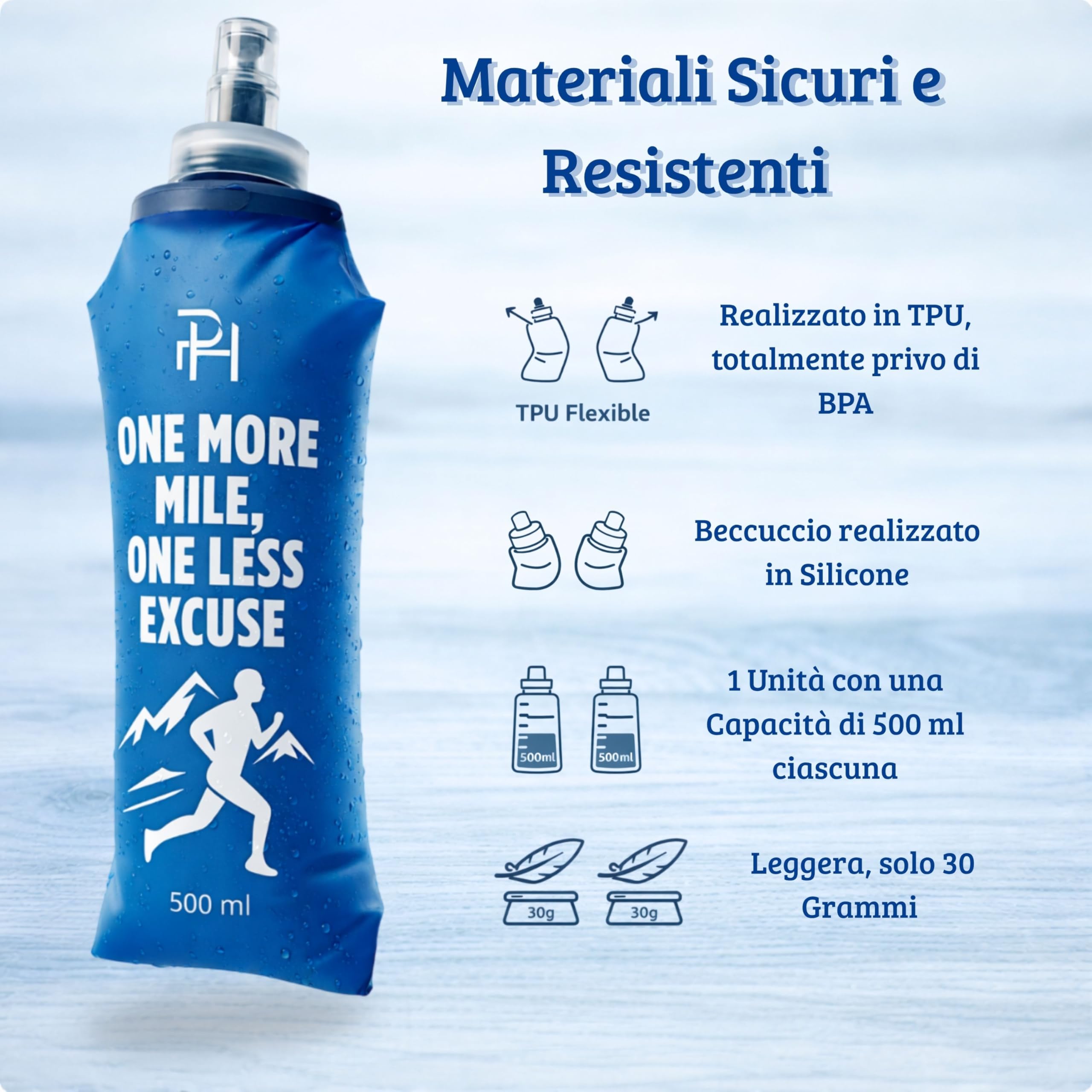 Ph Pro Heat Borraccia Morbida Running – 1 Soft Flask 500 ml Blu - Bottiglia Pieghevole e Flessibile per Trail, Ciclismo o Escursionismo - Esente da BPA.