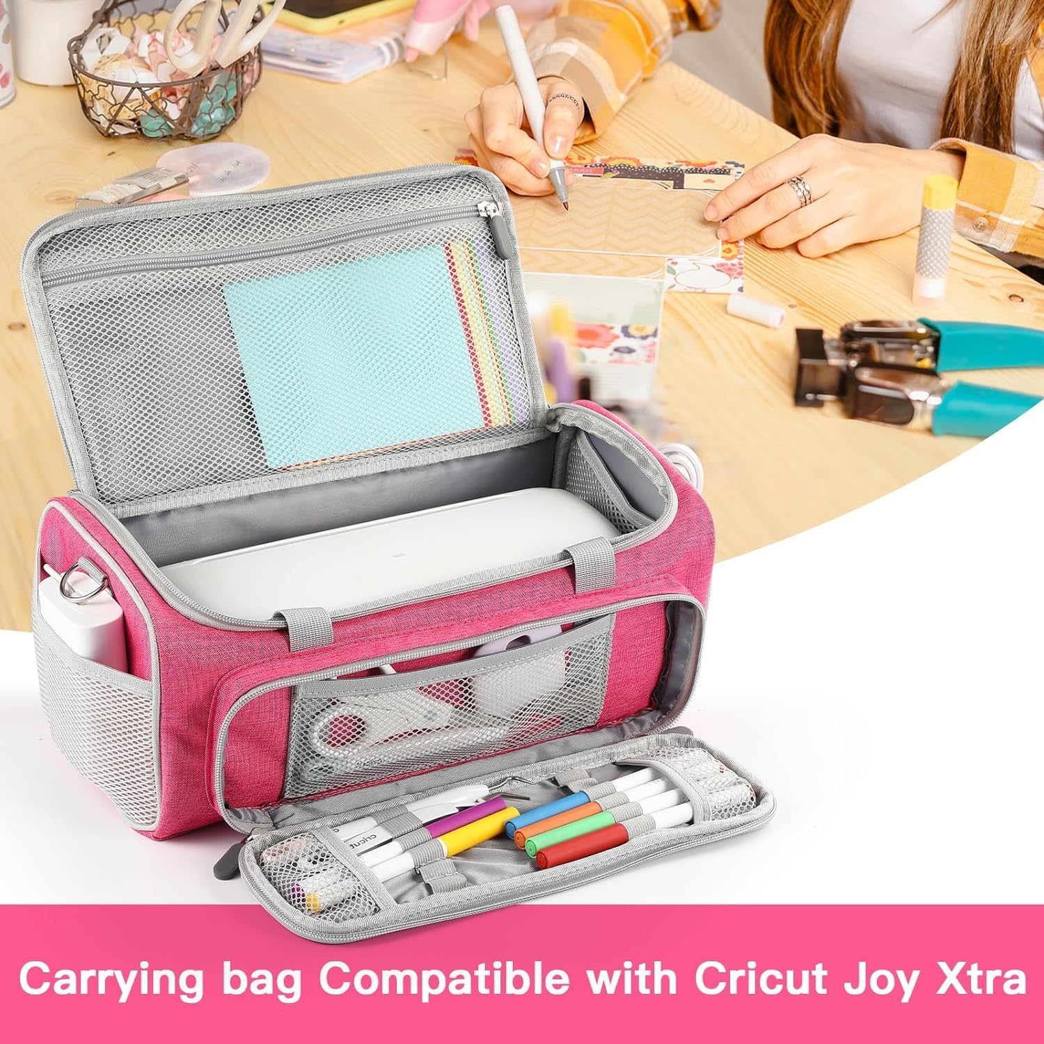 Borsa per il trasporto compatibile con Cricut Joy Xtra Smart affettatrice e accessori, custodia portatile per matite fai da te e set di strumenti di base, rosa rossa