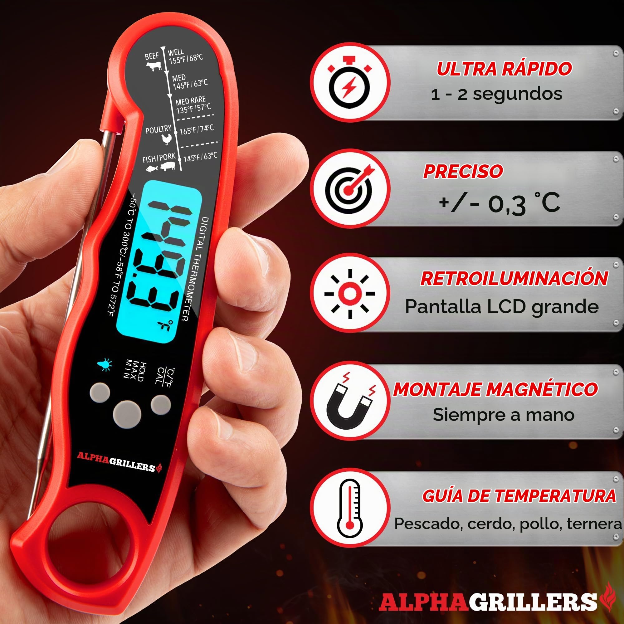 Vegena - Termómetro de barbacoa para carne, termómetro de barbacoa, termómetro de horno, 2 sondas con preajuste de temperatura, despertador de cocina, retroiluminación azul, pared trasera magnética
