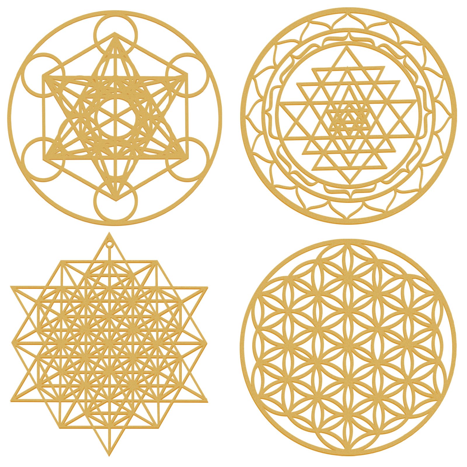 Leinuosen 4 Pcs 12 Inch Crystal Grid Board Sacred Geometric Wall Art Set Metatron Cube, Flower of Life, Sri Yantra, 64 Star Tetrahedron Pagan Decor