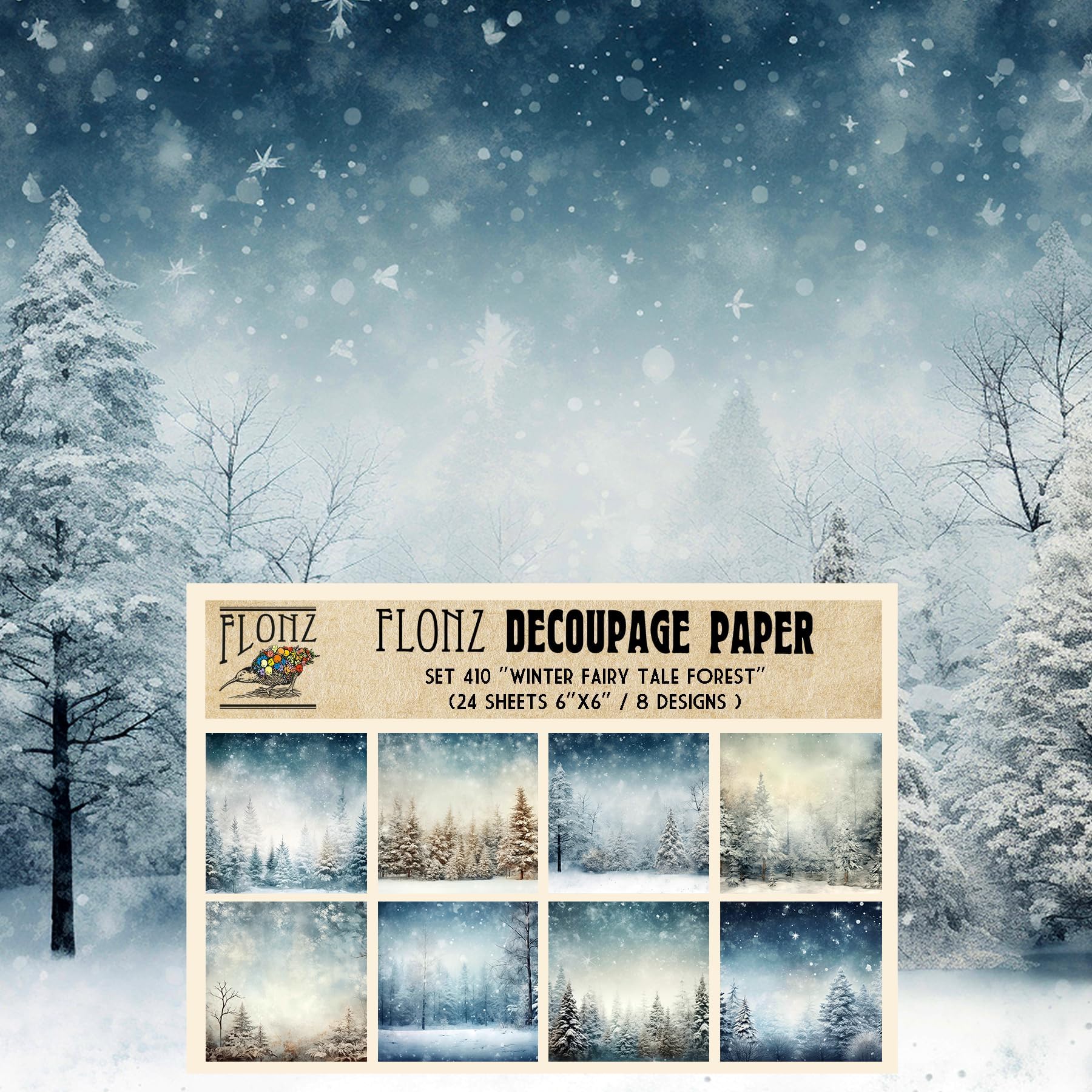 Decoupage Paper Pack (24 Sheets 6"x6") Winter Fairy Tale Forest # Vintage Styled Pattern Paper for Decoupage, Craft and Scrapbooking