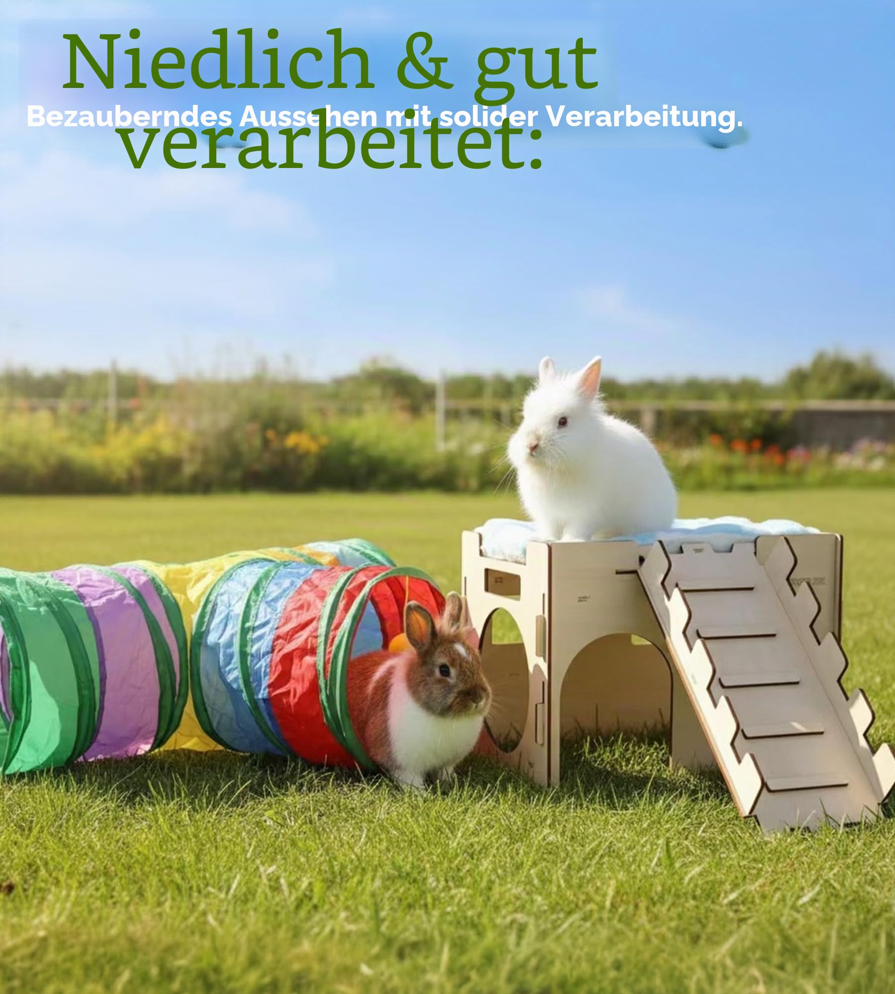 HIIMALEX 3 in 1 Geschenk für Hase Kaninchen Holzschloss mit Rampe, Plüschbett und Kollasiple Tunnel für Indoor Kaninchen Meerschweinchen Hamster Chinchilla Rennmaus Igel zum Spielen Verstecken und