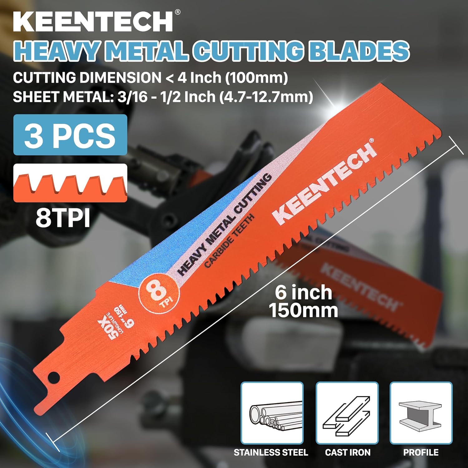 KEENTECH 6 Inch TCT Reciprocating Saw Blade, 8 TPI, for Cutting Hard & Heavy Metal, Compatible with Milwaukee Sawzall and Other Reciprocating Saws (3-Pack)