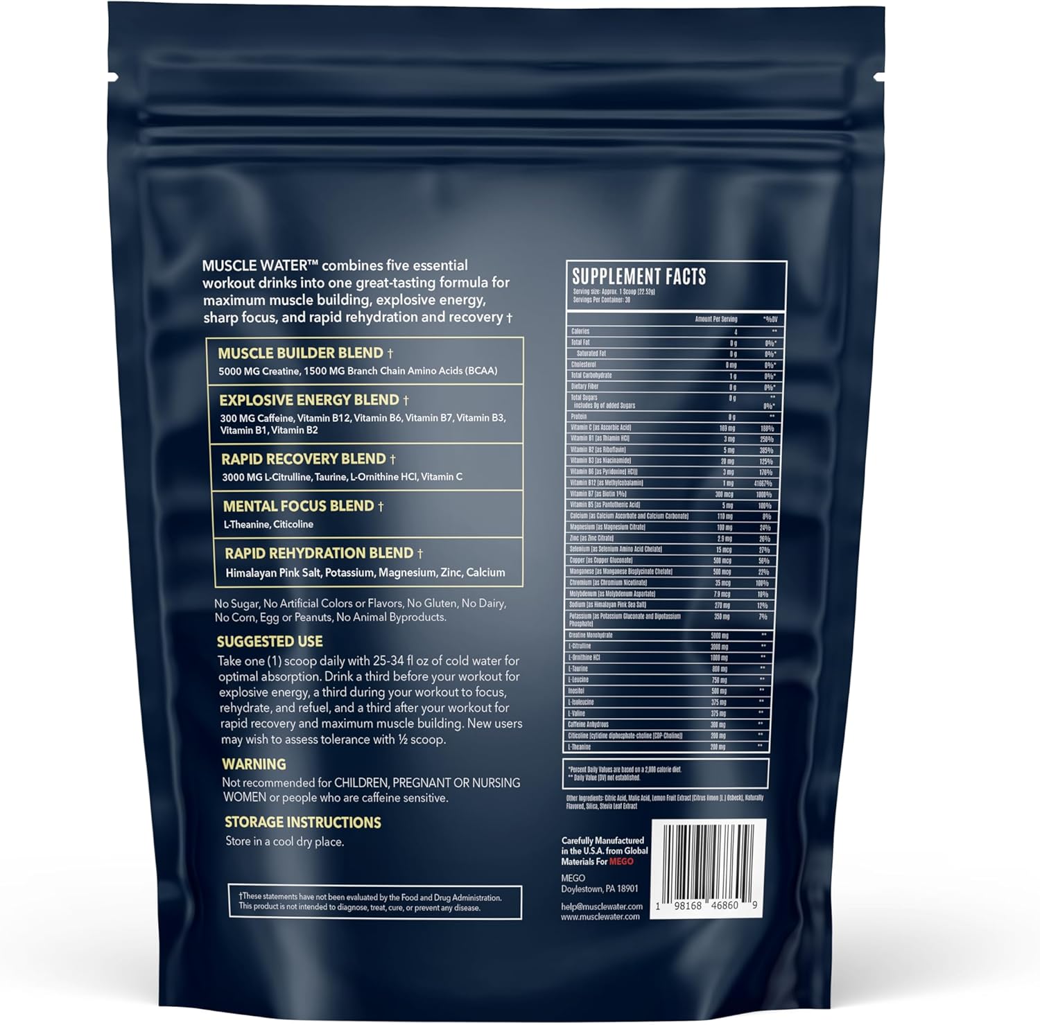 MUSCLE WATER Pre Workout Powder | Muscle + Pump + Energy | 20+ Supplements, 0 Tubs | 5g Creatine + 300mg Caffeine | Sugar-Free | Fruit Punch | 30 Servings