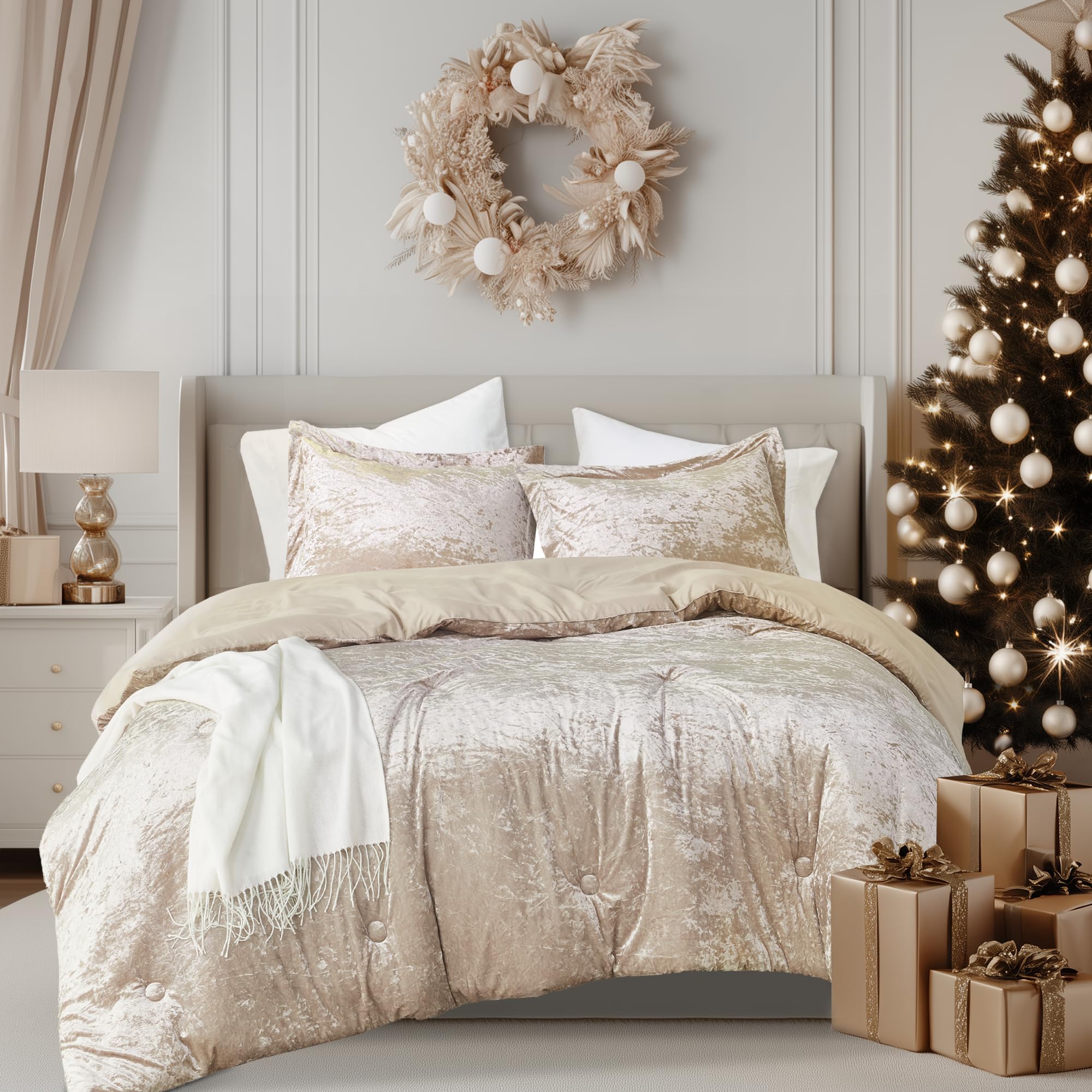 comfort spaces luxe king comforter set - velvet comforters for king size bed, microfiber reverse, juliette, all season bedding, fluffy bed set, sham, champagne 3 piece