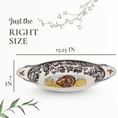 Miniatura 7 de Spode Woodland Bandeja de pan de pavo, plato de porcelana fina, borde floral con motivo de vida silvestre, horno a mesa, redonda de 15.27 x 7