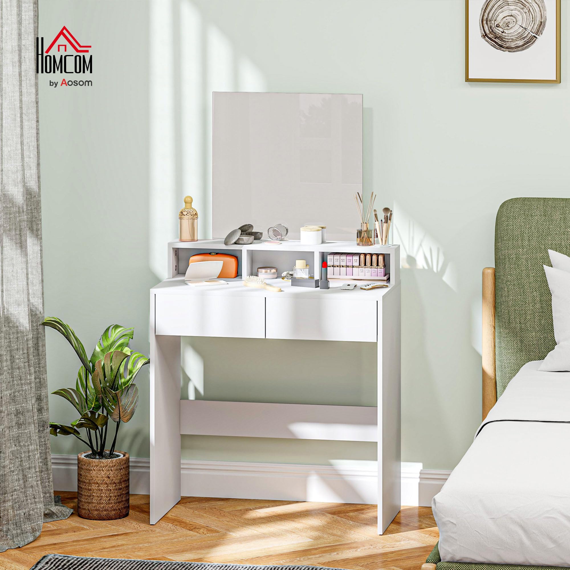 HOMCOM Coiffeuse avec Miroir 2 Tiroirs Moderne 75 x 38 x 135 cm Blanc
