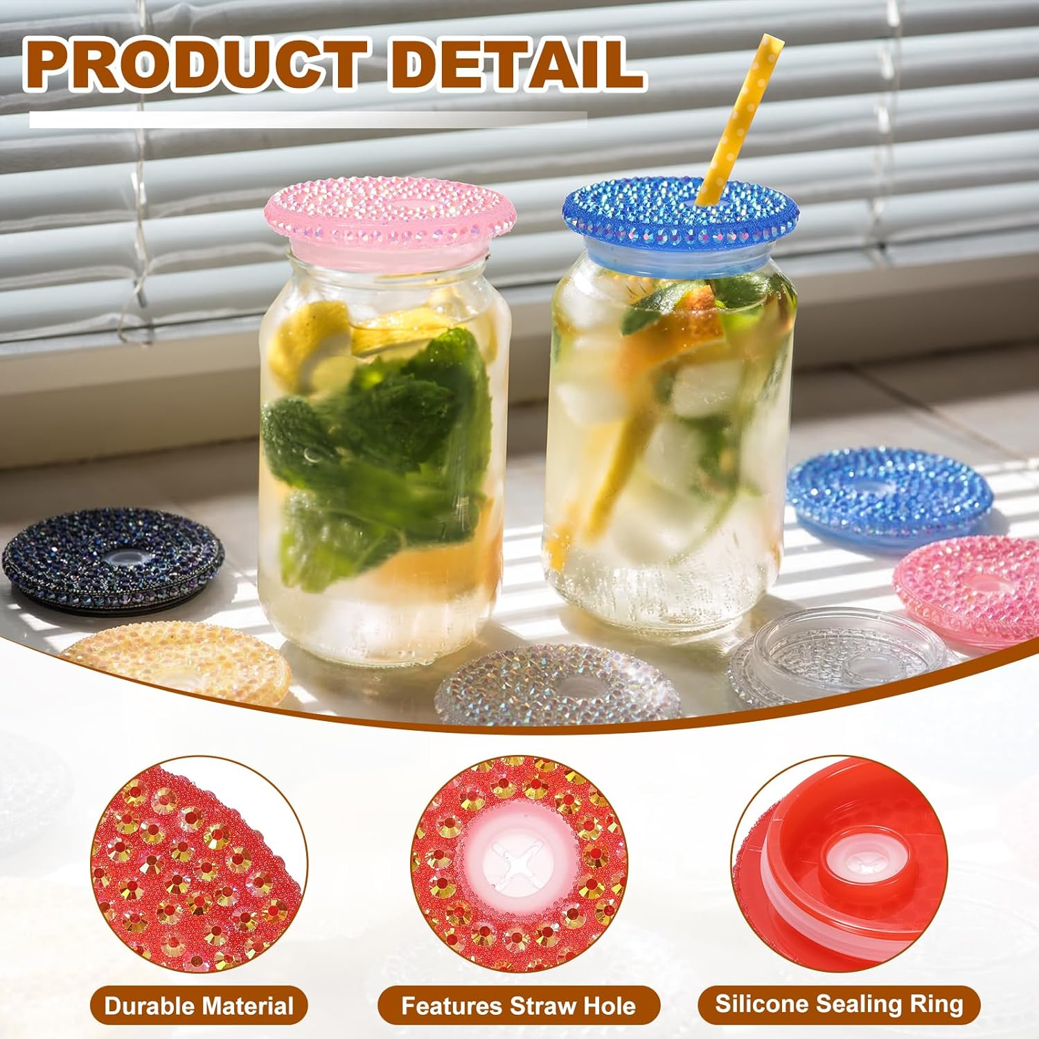 uxcell Acrylic Lids for 16 oz Glass, Reusable Plastic Tumbler Replacement Lids Rhinestone Canning Caps with Hole for Beer Can Drinking Glasses Tumblers, Red Iridescent