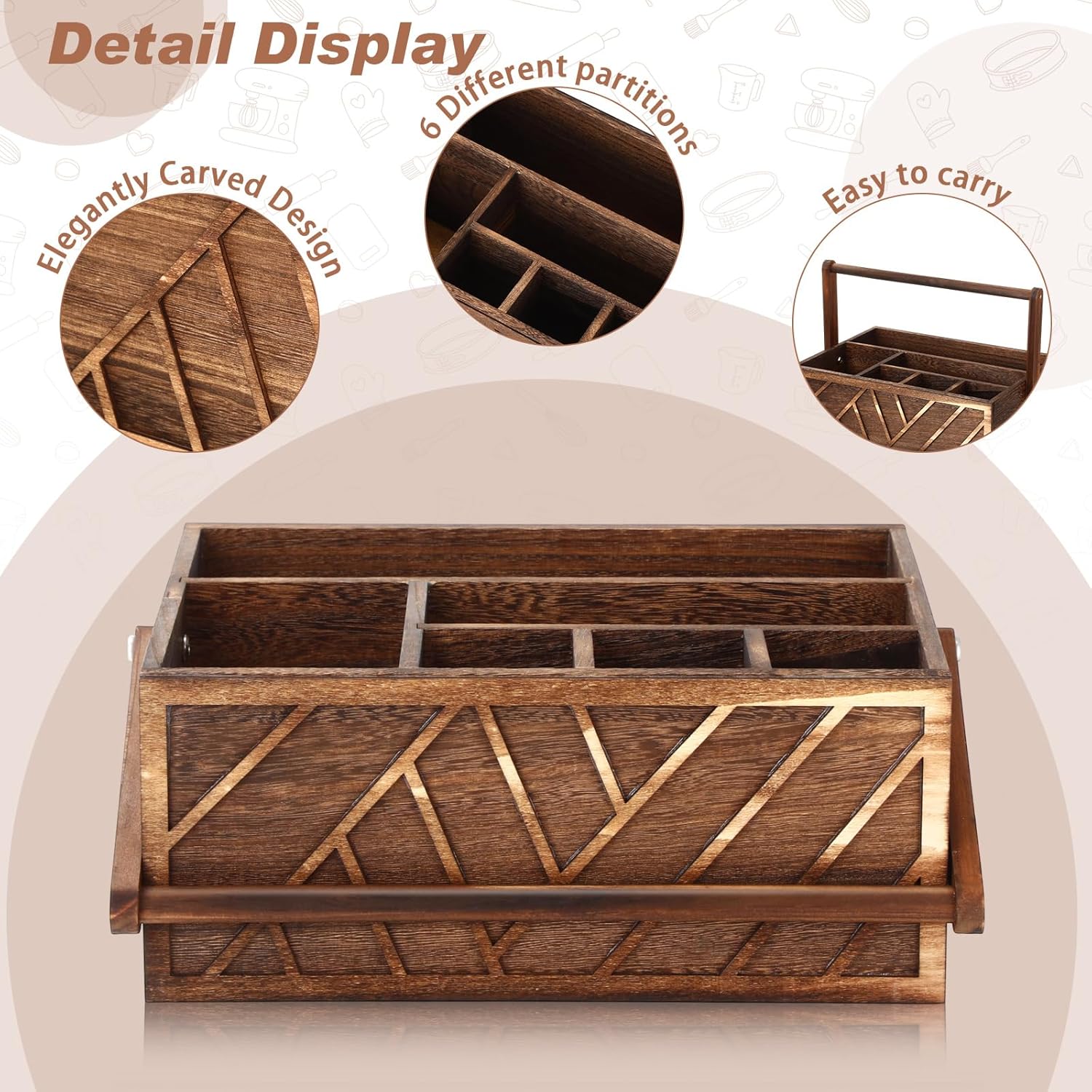 LemonRoad 13 Inch Rustic Silverware Caddy with Handle Wooden Flatware Utensil Holder Paper Plate and Silverware Caddy Organizer Cutlery Holder for Kitchen Countertop Picnic Cups Forks Napkins(Brown)