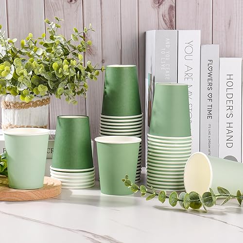 Miniatura 3 de 100 vasos de papel verde salvia de 9 onzas desechables para café, tazas de papel verde degradado, tazas de fiesta de cumpleaños, despedidas de