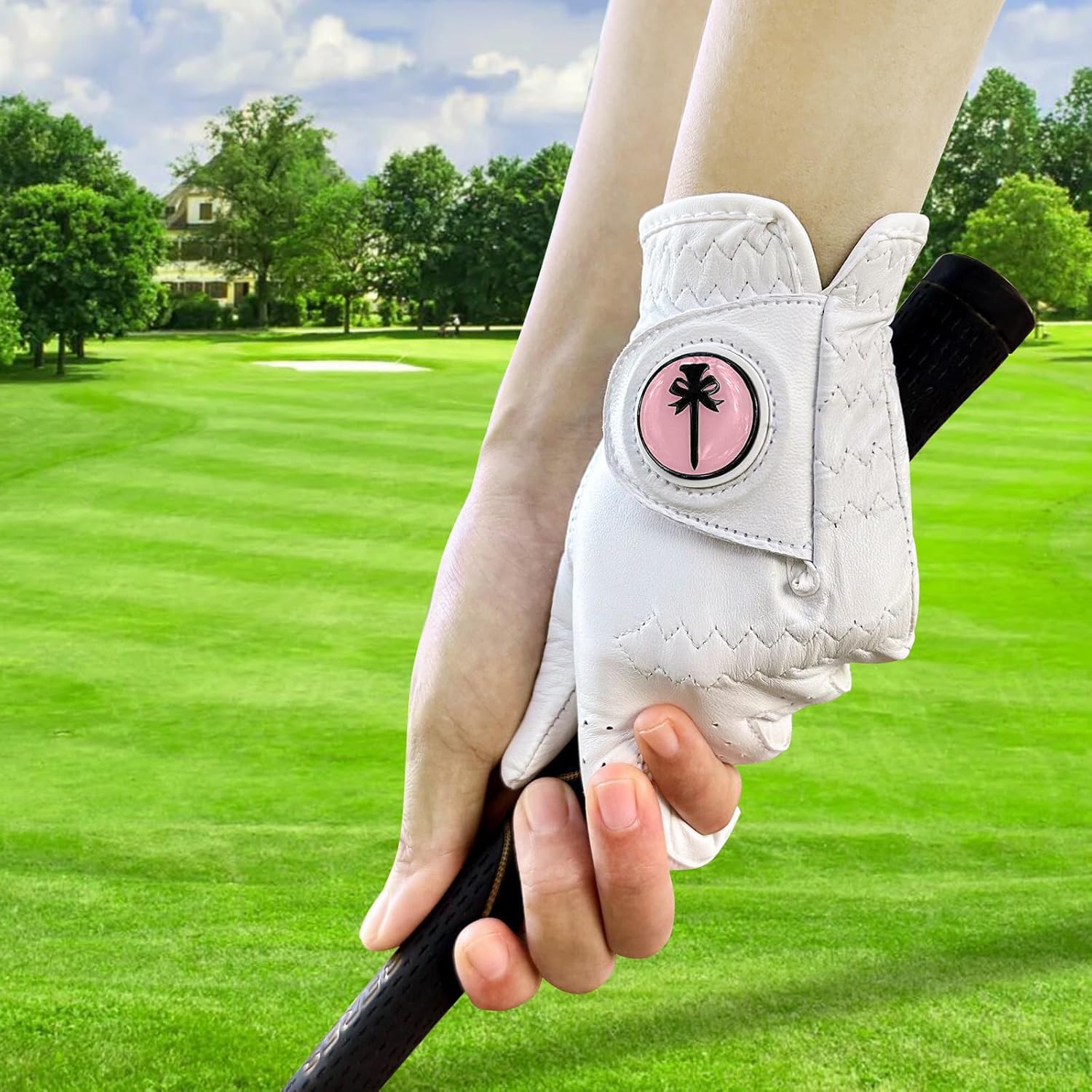 PINKTEE Women's Golf Glove Left Hand Ladies Pink Cabretta Leather Golf Gloves with Removable Magnetic Ball Marker Full Finger - Image 4