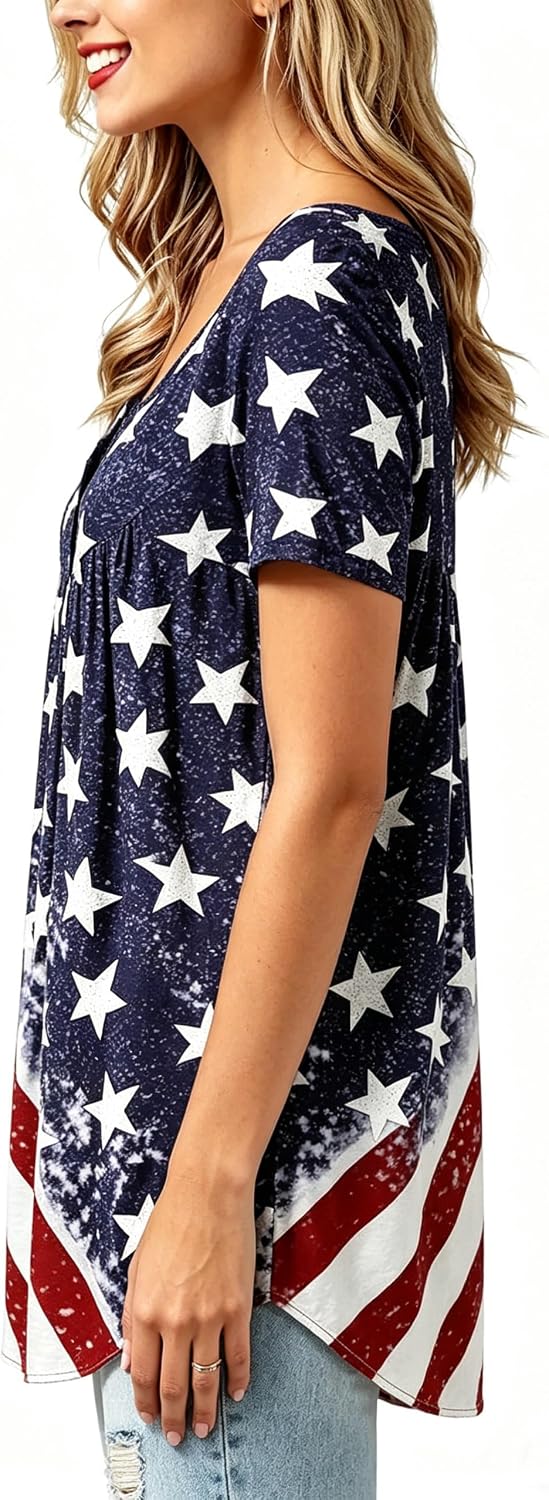 Roshop 4th of July Juneteenth Tunic Women Button Up Henley V-Neck Loose Fit Juneteenth Shirt Tops