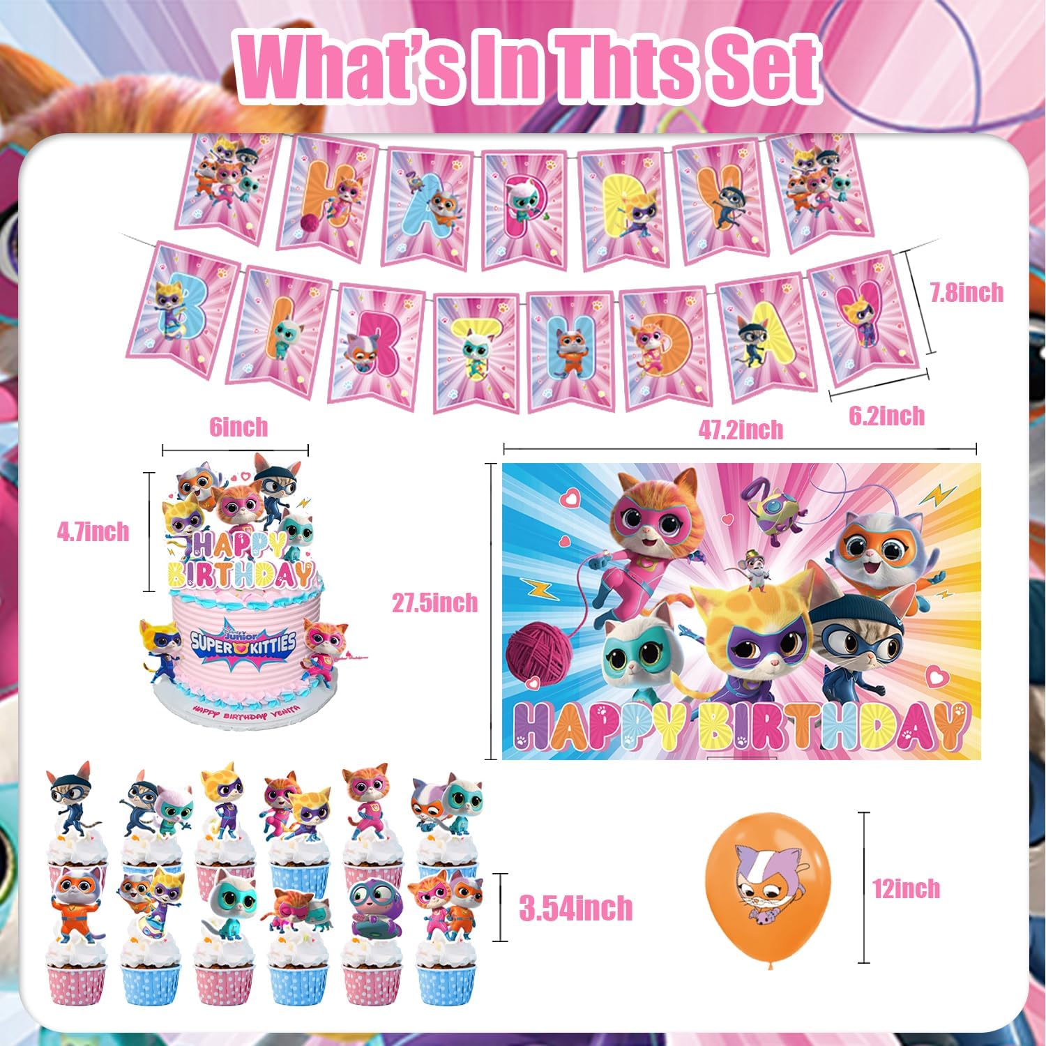 42Pcs Super Kitties Party Supplies Pack Includes，Banner，Cake Topper，Blackdrop,Balloons for Super Kitt party Decoration