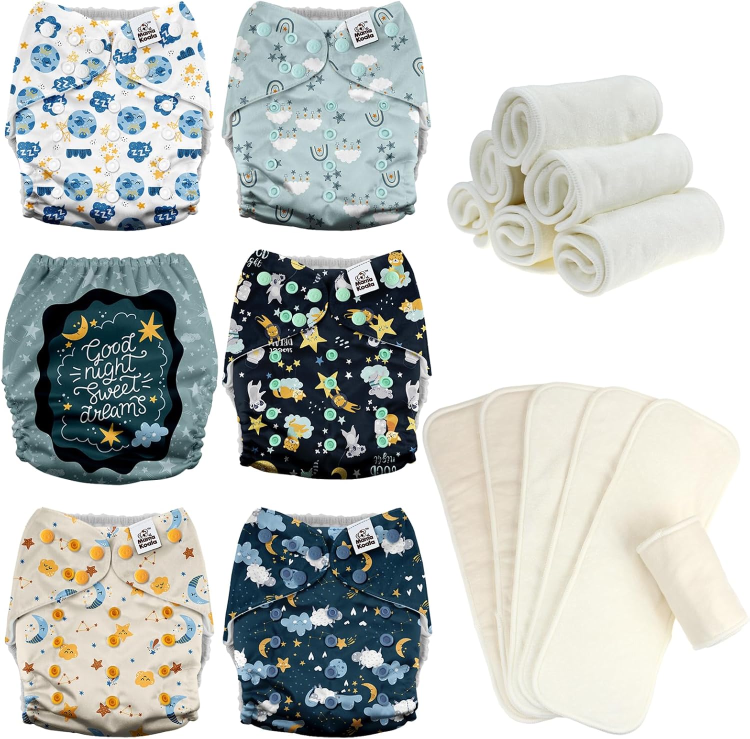 Mama Koala 3.0 Baby Cloth Diapers with 6 Inserts Bundle, with 6pcs 6-Layer Bboo Hemp Cotton Inserts