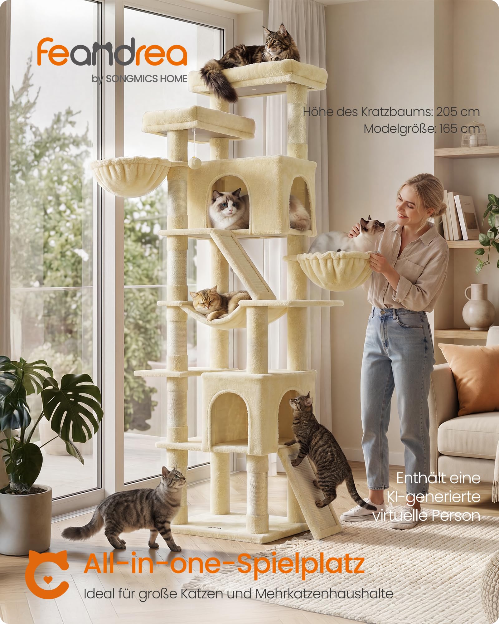 Feandrea Kratzbaum groß, XXL Katzenbaum mit Kratzbrettern und Sisal, Kletterbaum für Große Katzen, 55 x 45 x 206 cm, Beige, für Mehrkatzenhaushalt, Clawfy Kollektion PCT021Y101