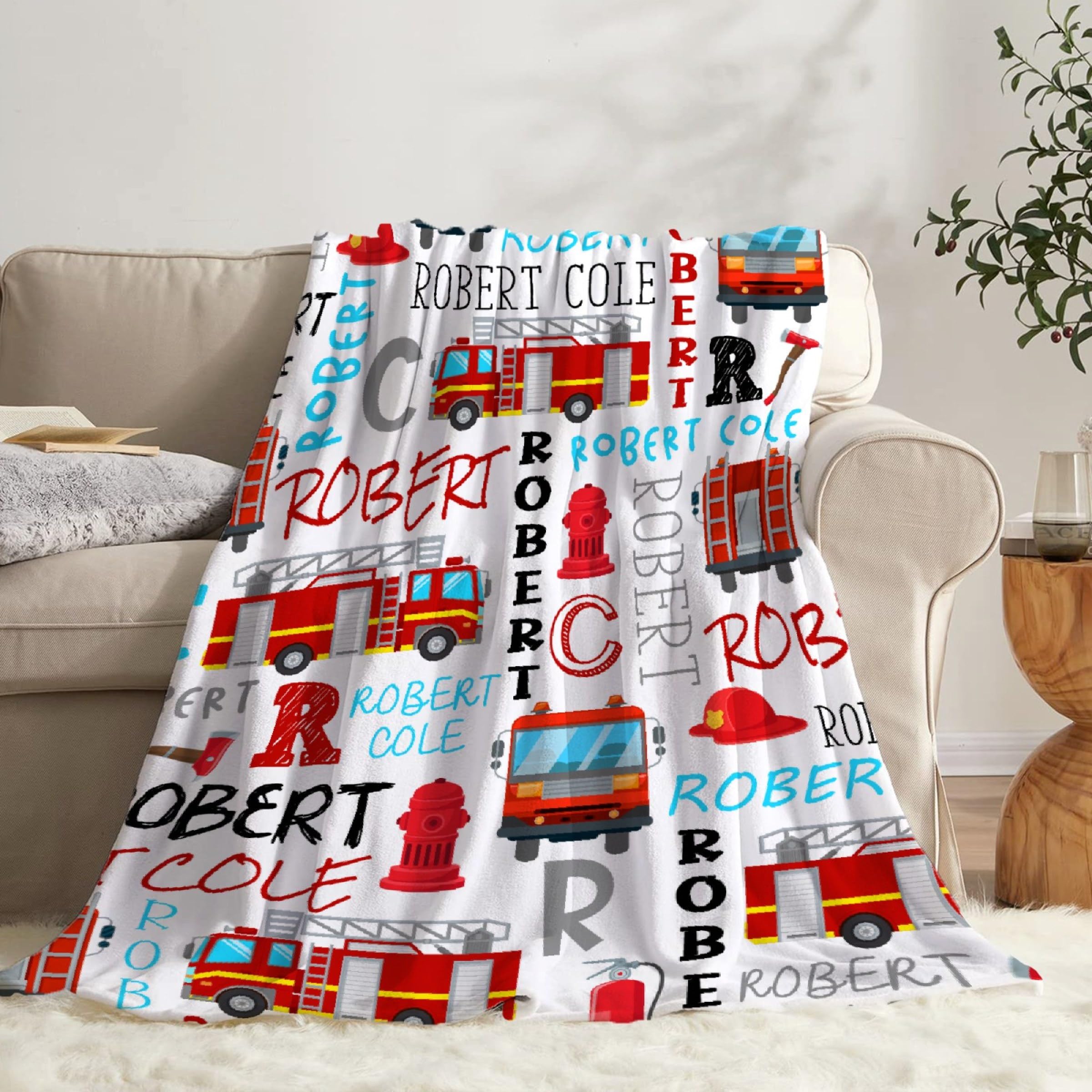 Fire Trucks Firefighter Custom Blanket Gifts Personalized Fire Trucks Throw Blankets for Boys Girls Super Soft Fleece Flannel Air Conditioning Blanket for Couch Bed 80x60 in for Adult