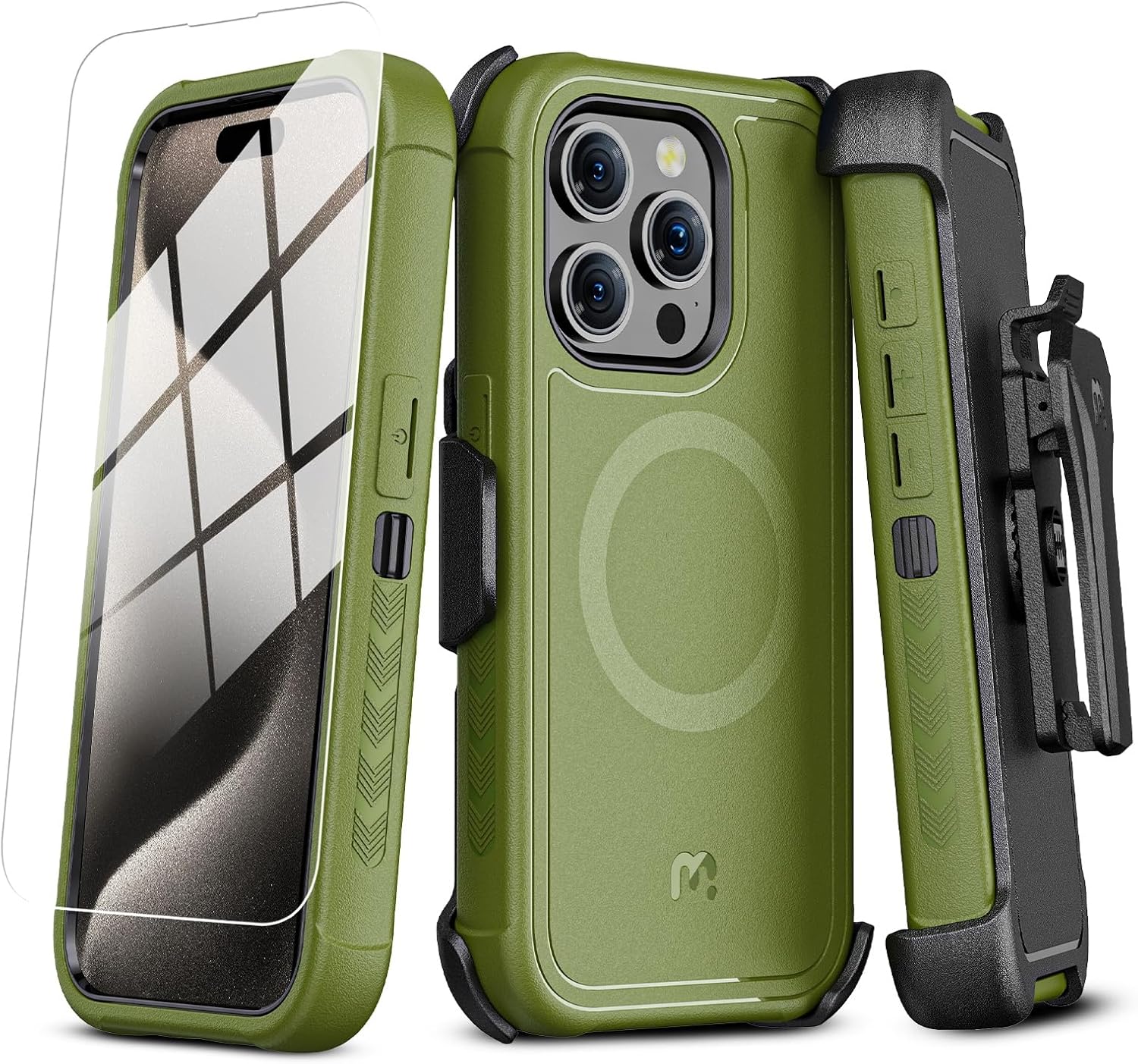 M MYBAT PRO Maverick Series iPhone 15 Pro Max Case with Belt Clip Holster,[Compatible with Magsafe]w/Screen Protector ,Anti-Drop,Shockproof,with 360°Rotating Kickstand,Heavy Duty Protection Army Green