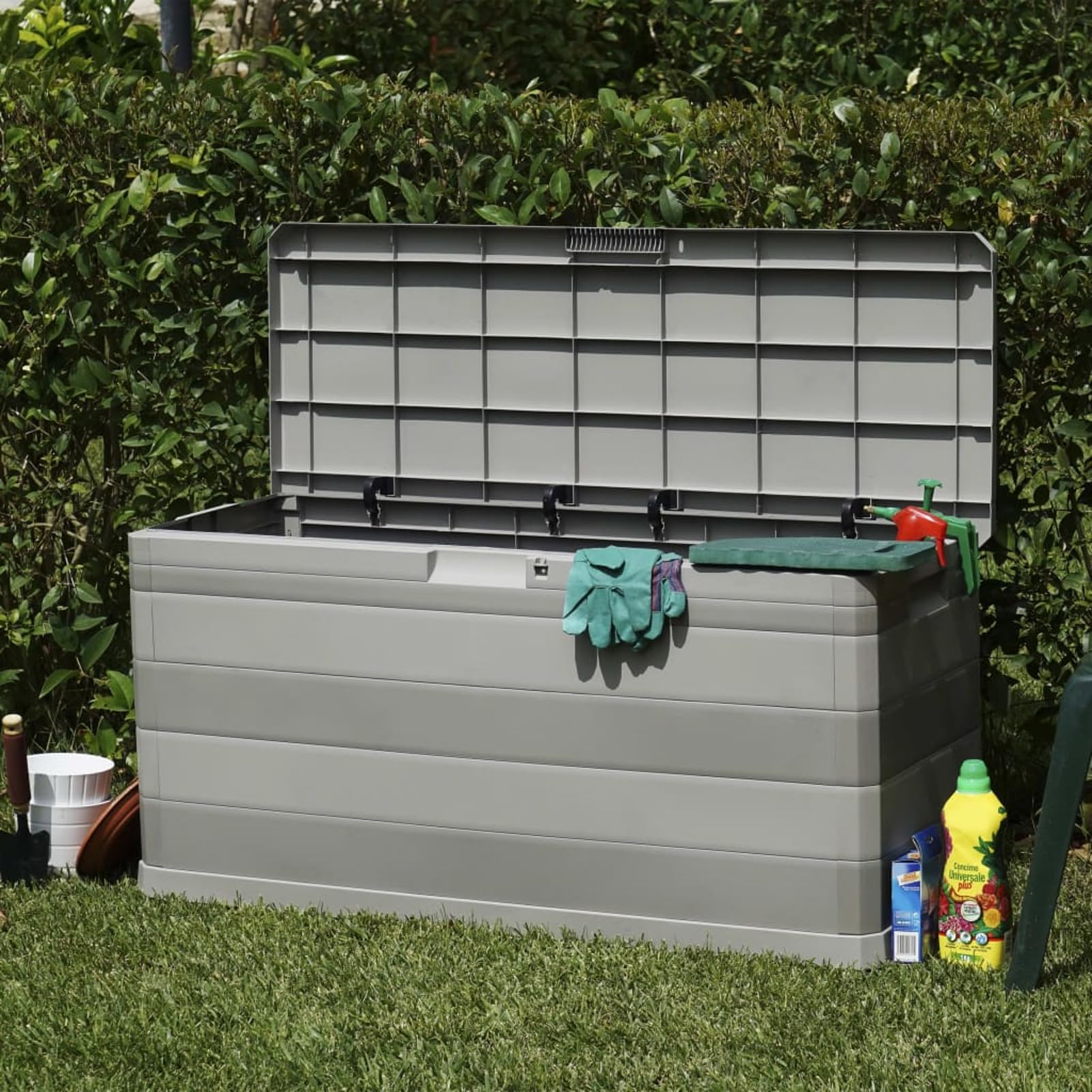 Caja de almacenamiento para jardín, color gris claro, 280 L, polipropileno, para interior y exterior, montaje sencillo Model43709