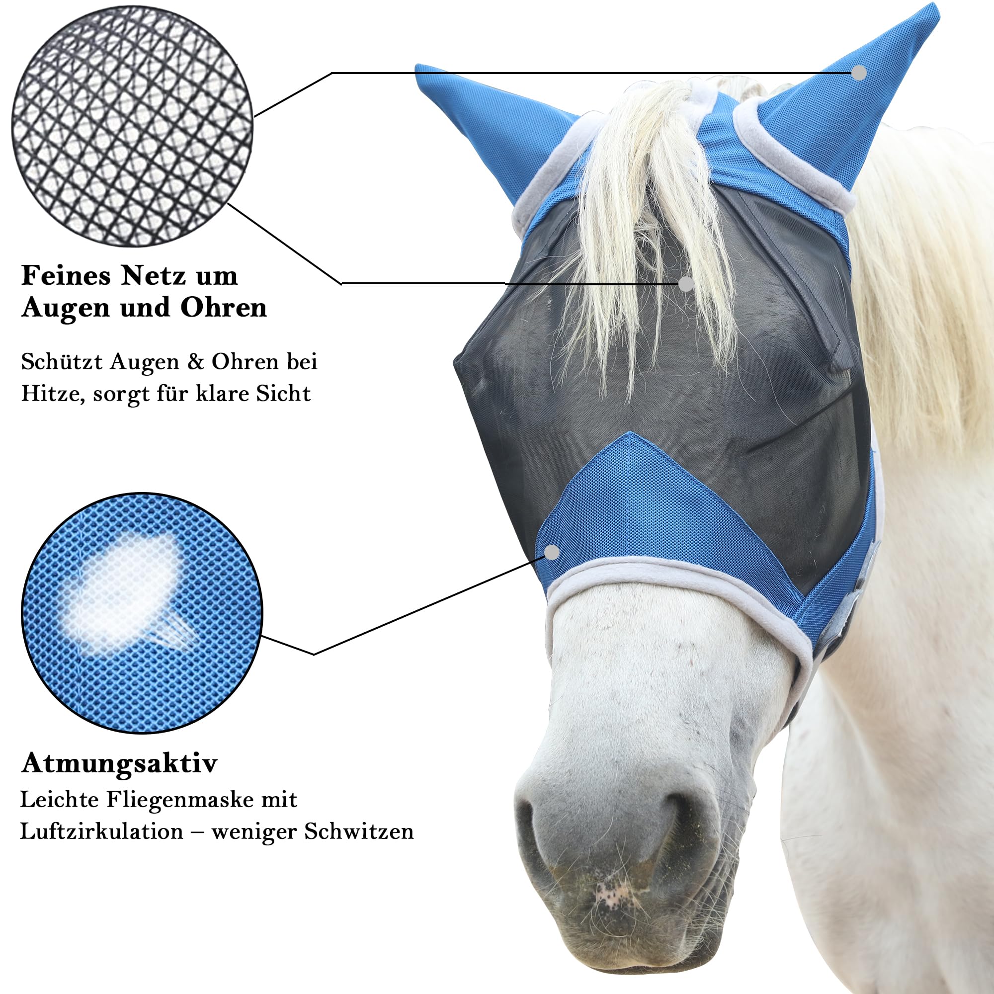 Maschera Antimosche Cavallo, Antimosche Cavallo con Protezione per le Orecchie, rete Traspirante, Anti-UV