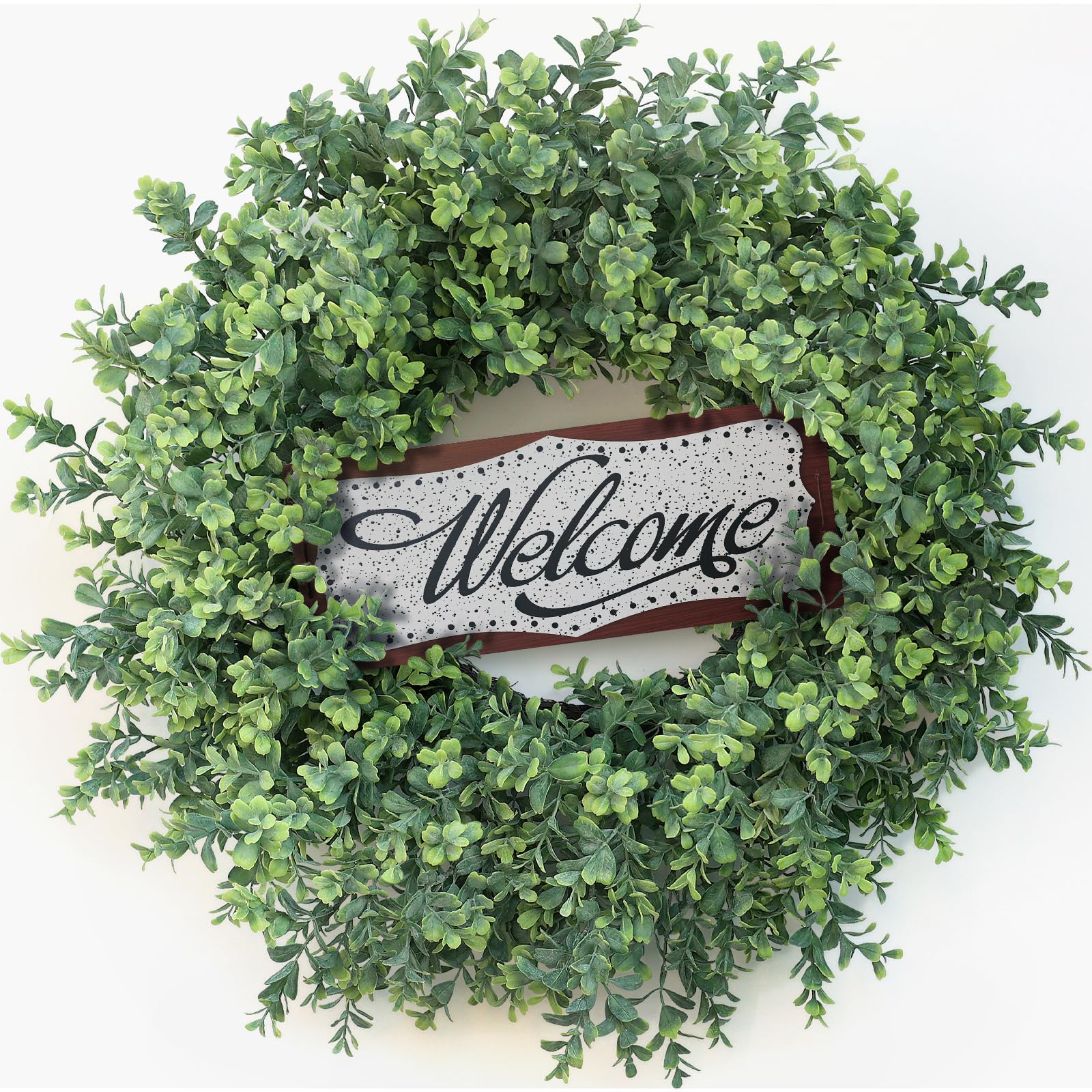 26" Artificial Boxwood Wreath with Welcome Sign for Front Door Decor(Green)
