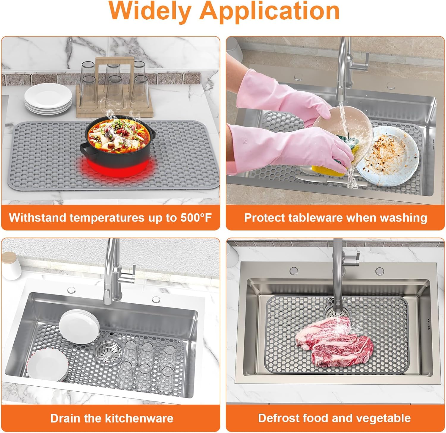 TOOVEM Kitchen Sink Mat - 28.2'' x 15.5'' Heat resistant Silicone Protectors for Kitchen Sink, Easy clean - Rear Drain (Grey)