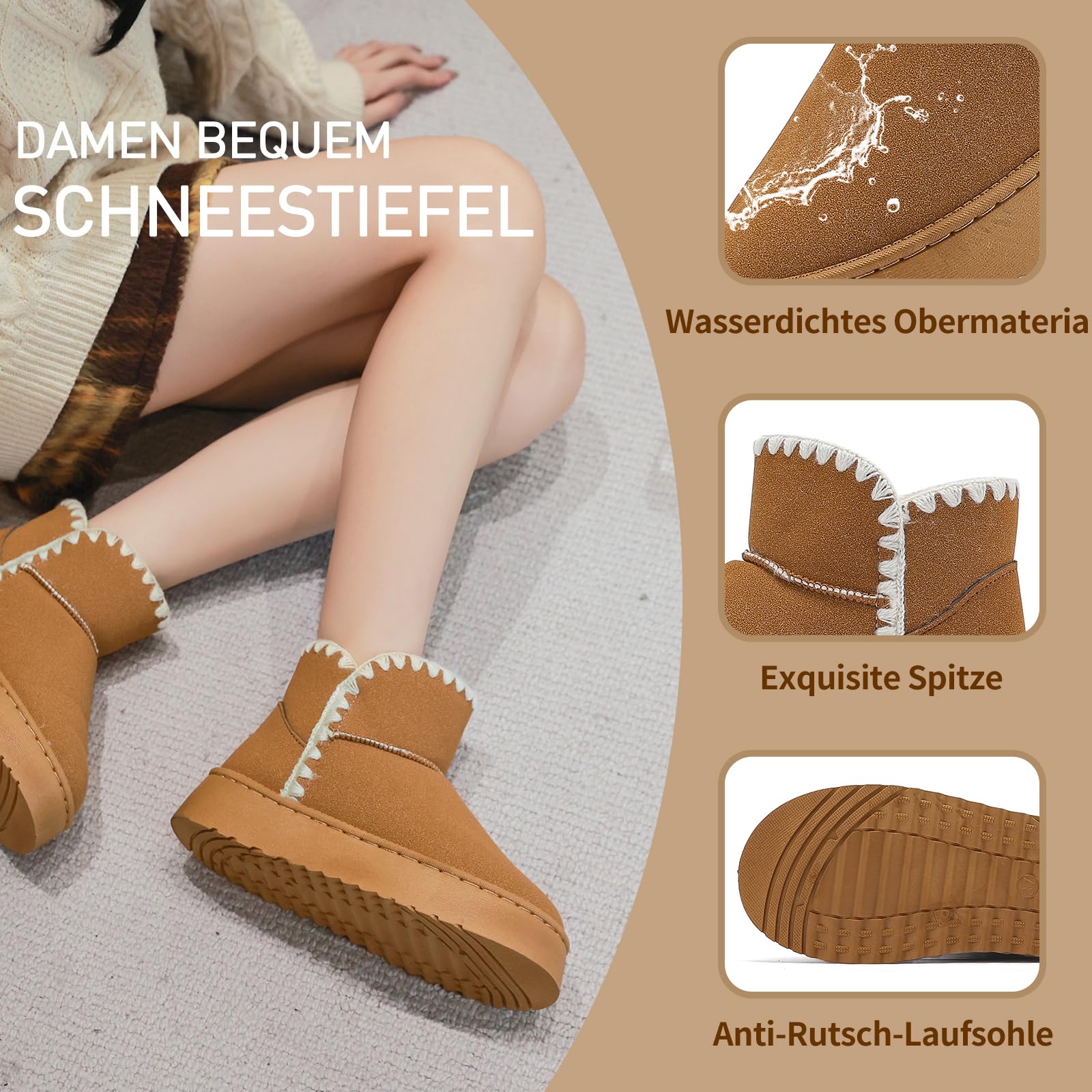 Jifenkla Stivali da Neve Donna,Design in pizzo a onde alla moda,Foderato Caldo Stivaletti invernali,Antiscivolo Impermeabili suola in gomma,Leggerie Comode Pelliccia Breve Scarpe,Outdoor