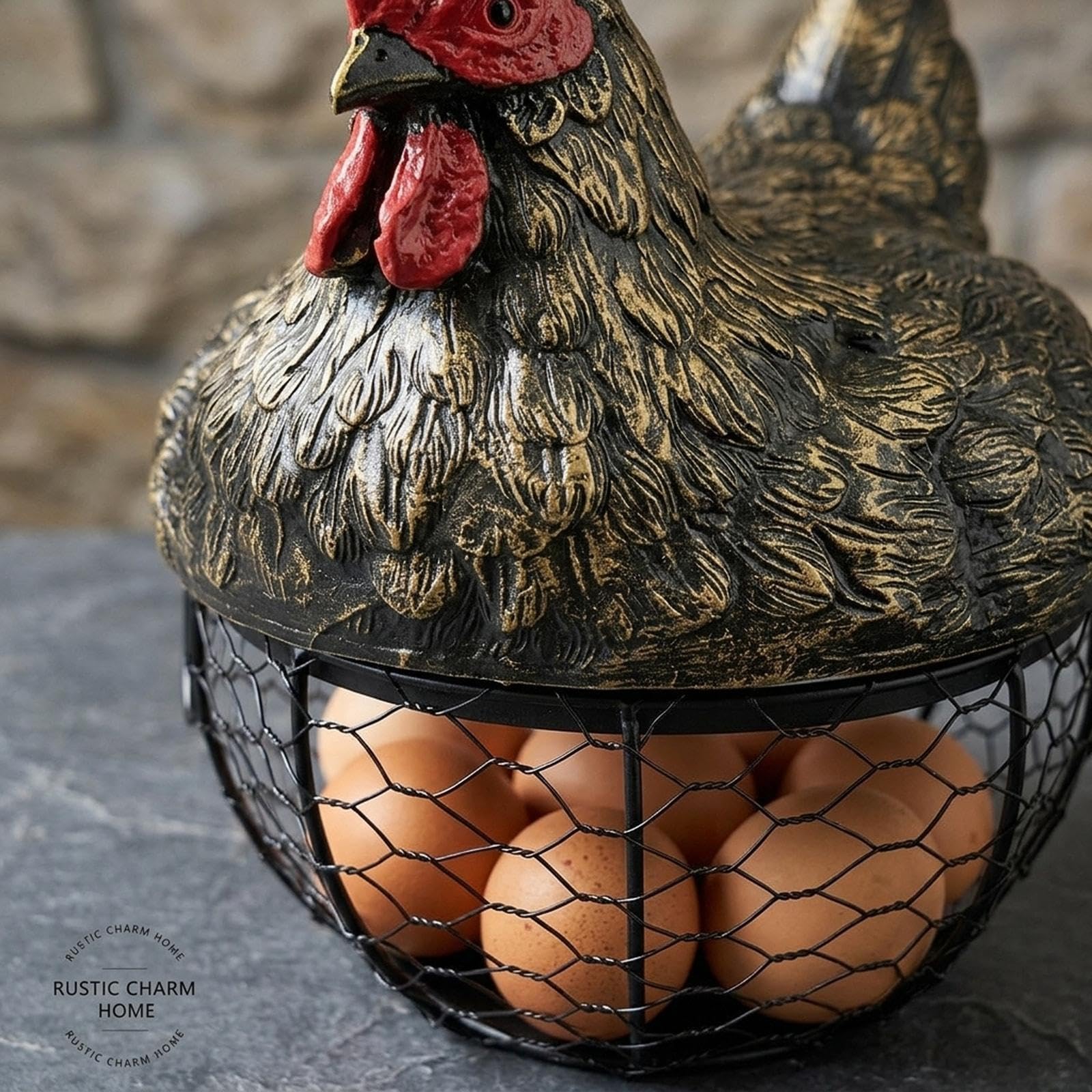 Yajuyi Portador Huevos Canasta Recogida Frutas Verduras Metal Resina Diseño Creativo Función Decorativa Adecuada para Cocina Comedor Regalo, Oro, Individual