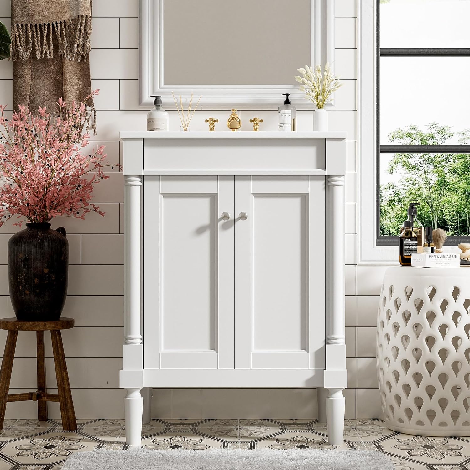 Merax 24 Inch White Bathroom Vanity with Ceramic Sink & Intergrated Countertop,Vintage Bathroom Vanity with 2 Doors with Silver Knobs,Adjustable Shelf,Solid Wood Rome Pillar Legs