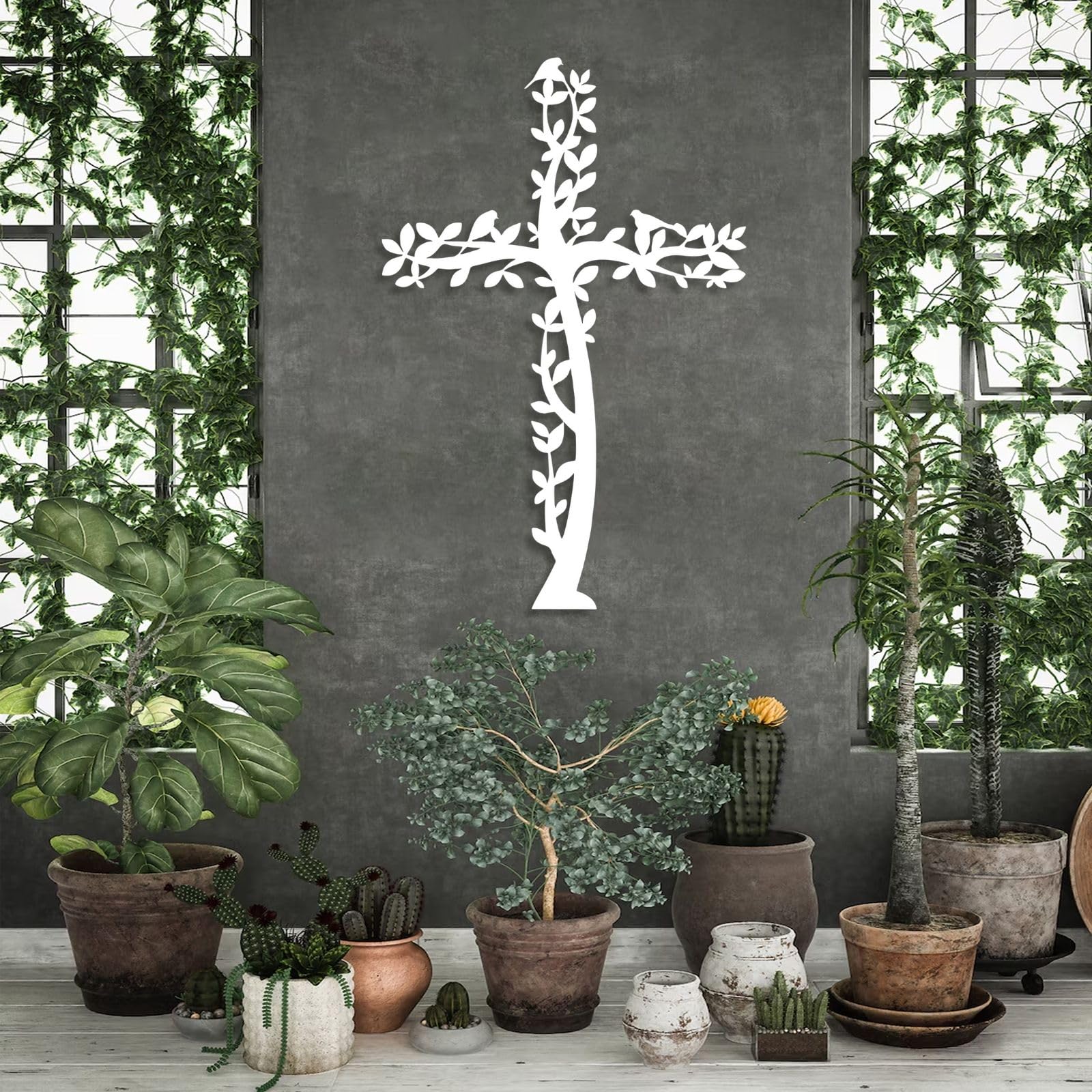 Croix avec arbre - Décoration murale en métal, style chrétien
