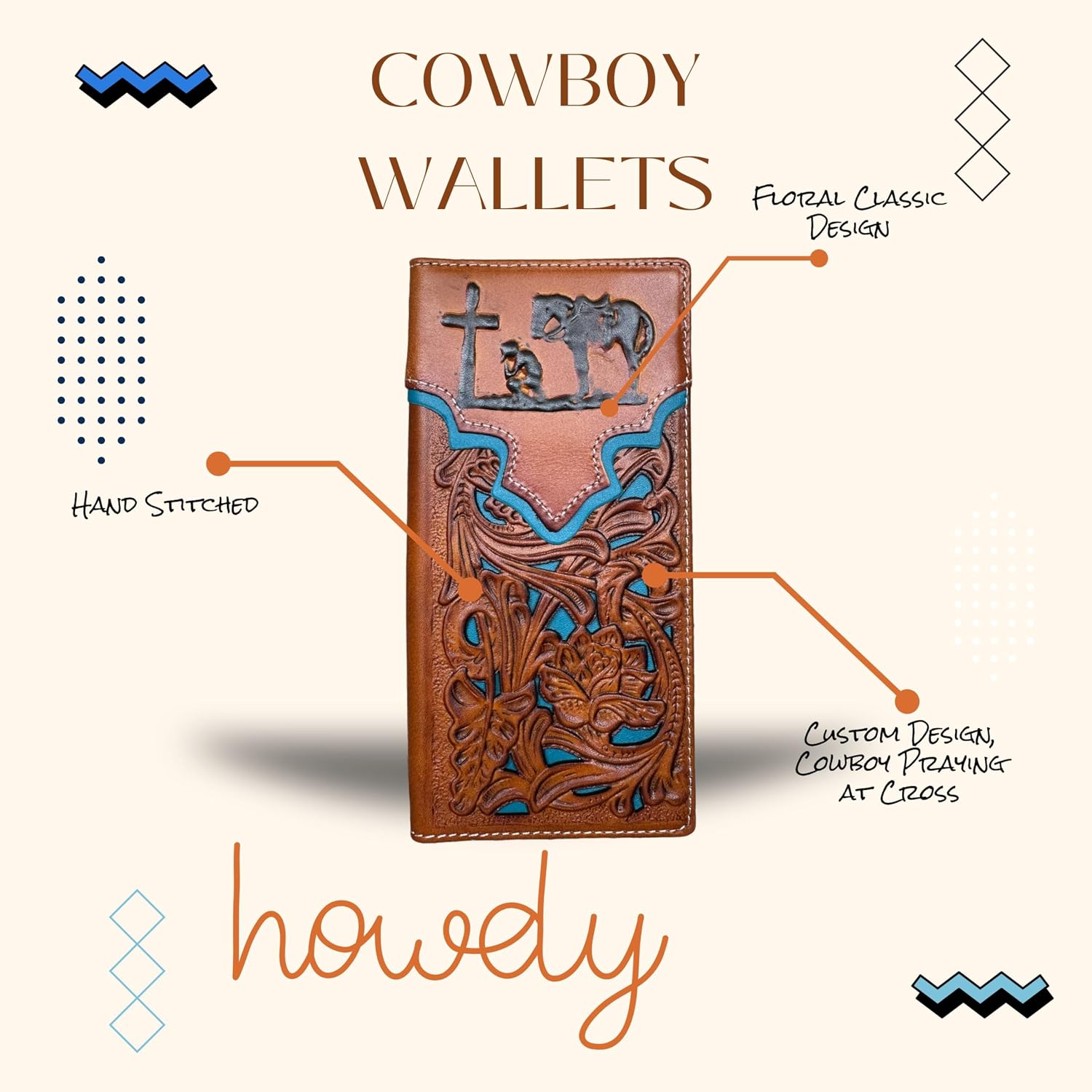 Men’s Long Leather Wallet – Embossed Cowboy Praying at Cross with Laser Cut Floral Design – Christian Western Rodeo Bifold Wallet for Ranchers, Cowboys & Faith Gifts