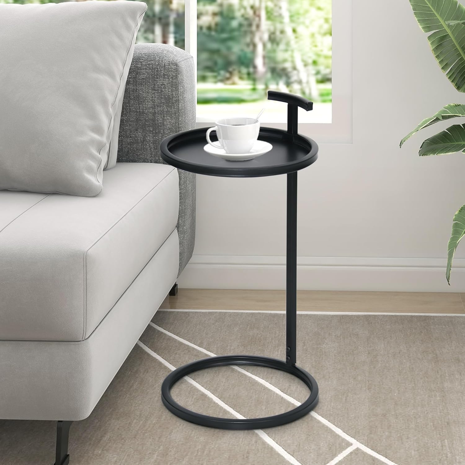 ABBLE 12" C Shaped End Table Round Metal End Table with Handle Side Tables for Sofa C Table Snack Table Couch Table for Small Space TV Trays Living Room Bedroom, Black