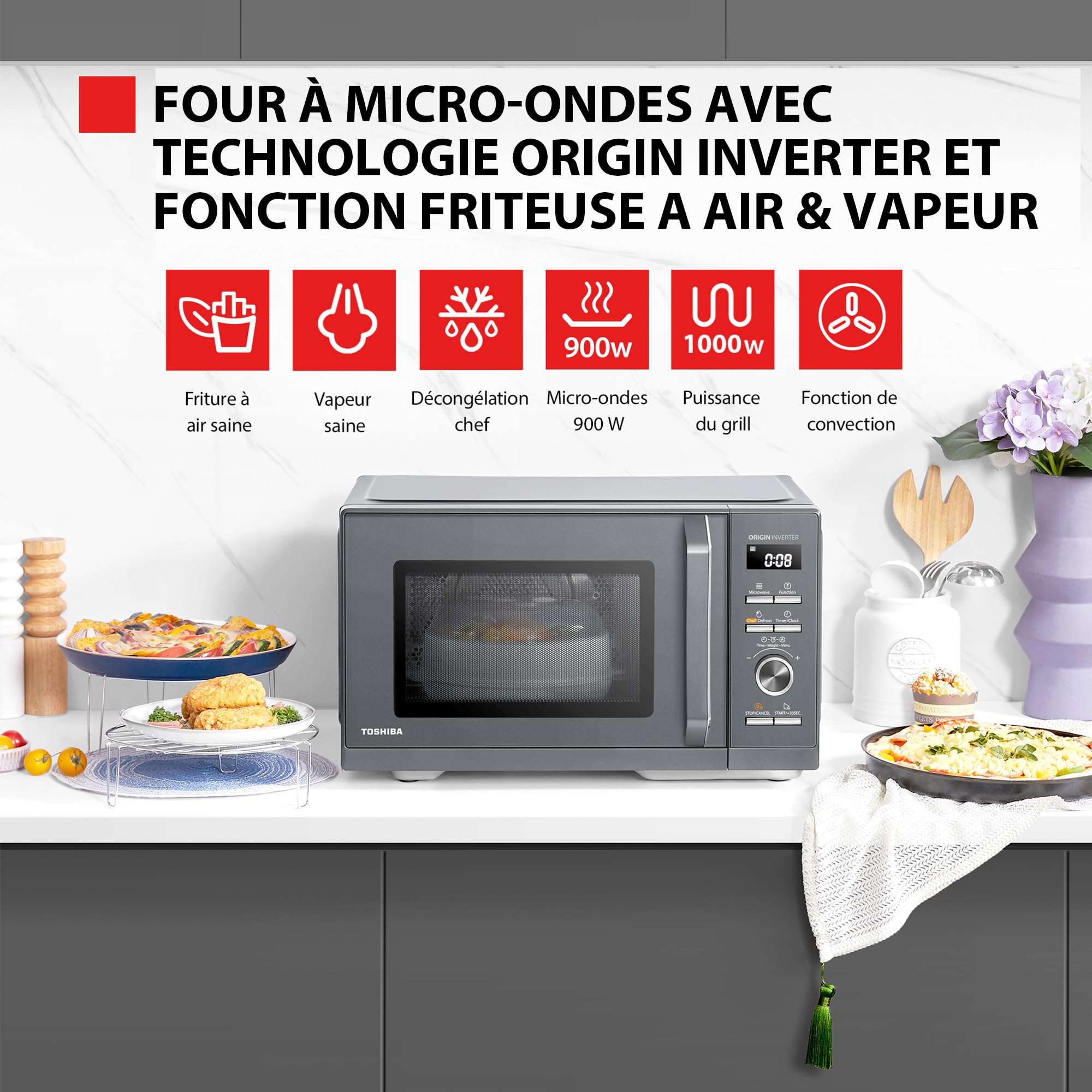 Toshiba Four à Micro-ondes Multifonction 26L,MW3-AC26SFI(MG), Grande capacité, Combiné 6-en-1 avec Friteuse à Air, Chef Defrost, Avec bol vapeur, Gris Morandi