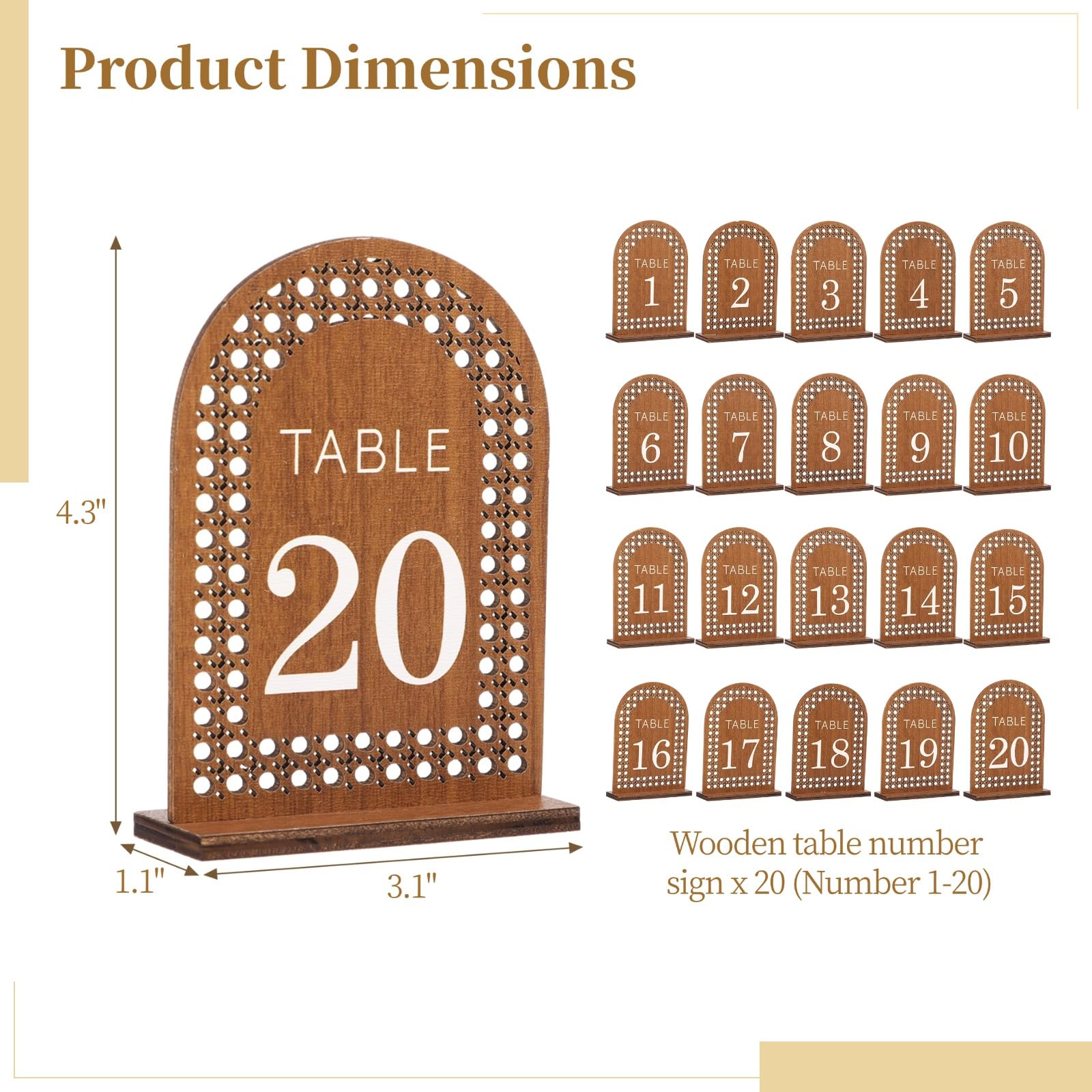 20 letreros de madera para arco de mesa, números del 1 al 20 arco, placas de números de mesa de boda con base de madera, letreros de boda de madera para mesa, banquete, restaurante, decoración de