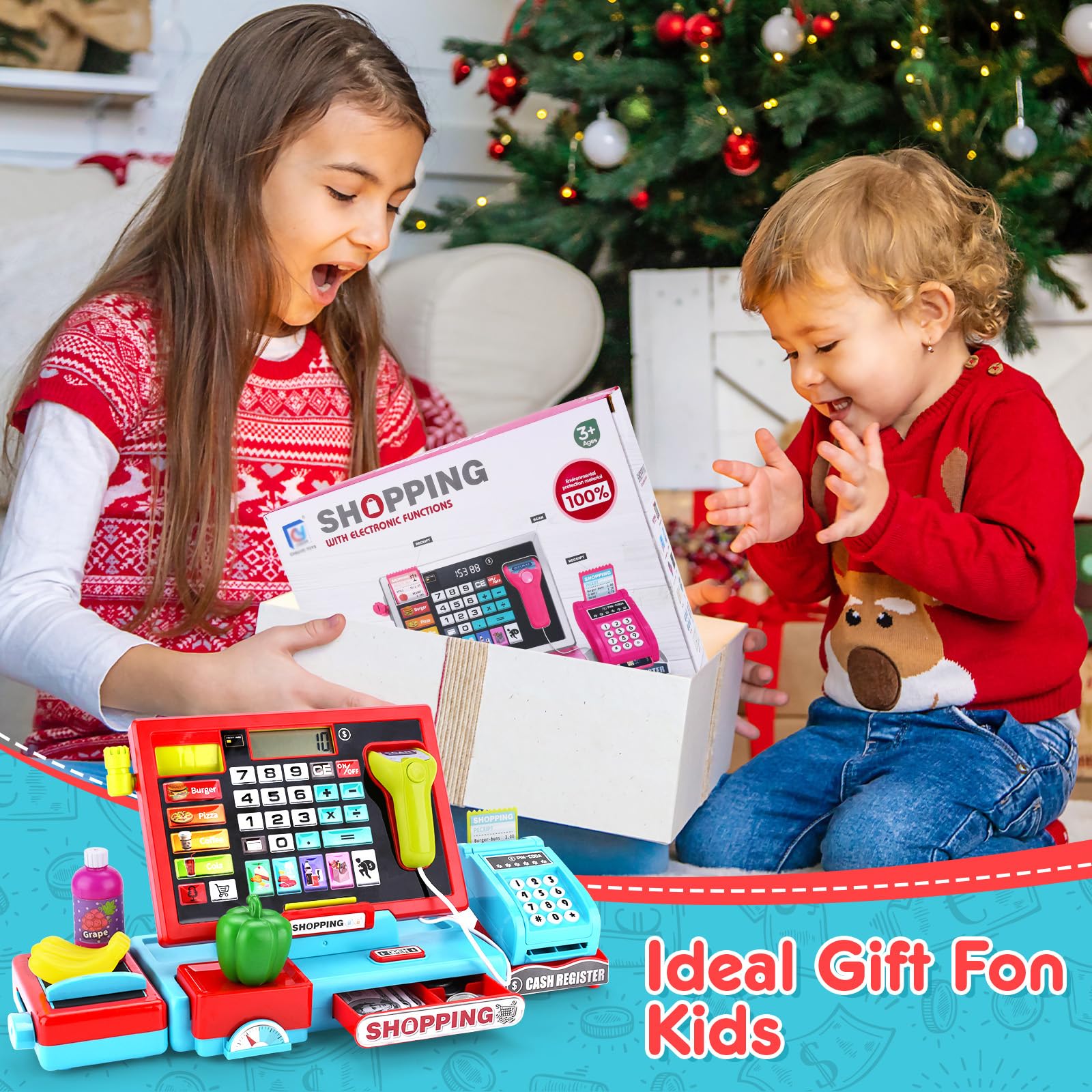 Jouet Caisse Enregistreuse pour Enfants,Caisse Enregistreuse Jouet,Caisse Enregistreuse Enfants,Accessoires avec Scanner Son et Lumière,Jouets Alimentaires,Jeu de Rôle pour Enfant de 3+Ans