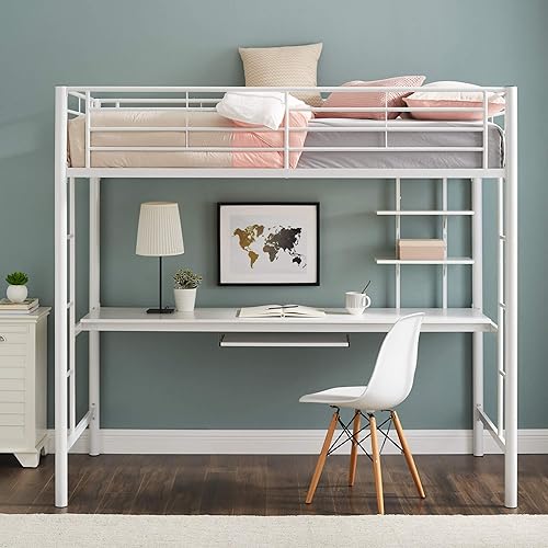 Miniatura 3 de Walker Edison Timothee - Litera de tamaño matrimonial sobre escritorio para la computadora, de metal, tamaño matrimonial, color blanco Blanco,Negro