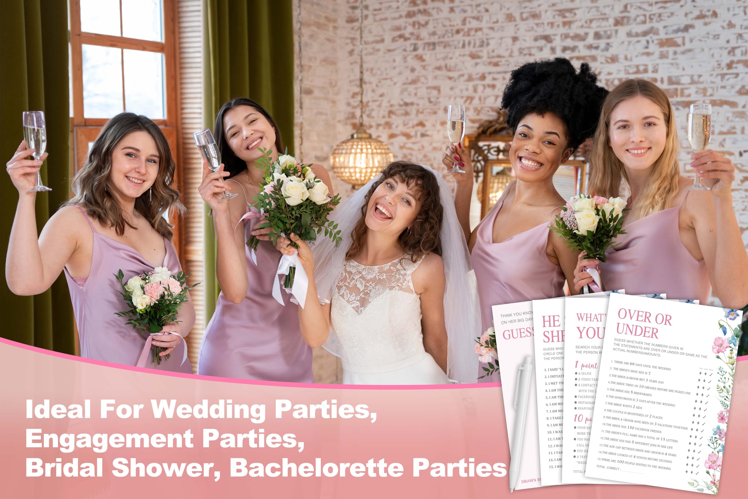 Juego de juegos de despedida de soltera, paquete de 50, tarjetas de juegos florales para bodas, 4 diseños de juegos, decoración de fiesta de recién casados, suministros de juegos de fiesta de